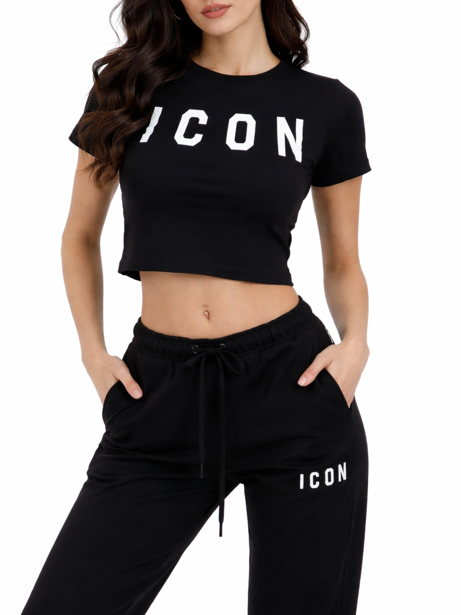 Icon T-shirt crop manica corta con logo nero IDT005 NERO ICON