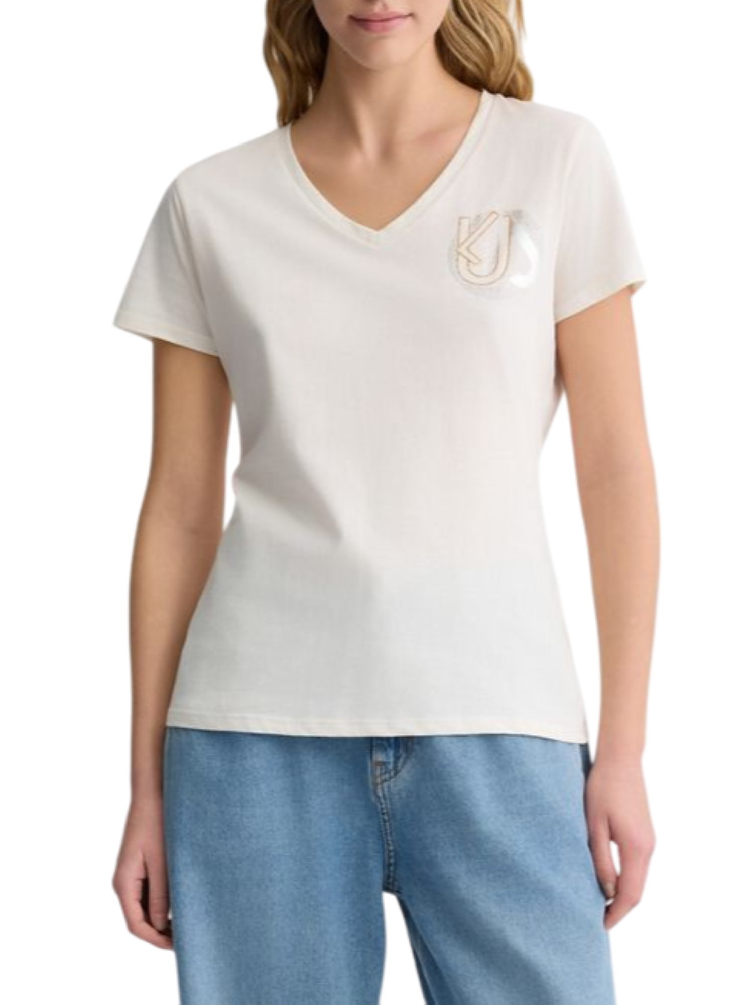 Liu Jo T-shirt scollo a V con logo strass avorio TA5179J6040 M9307 LIU JO