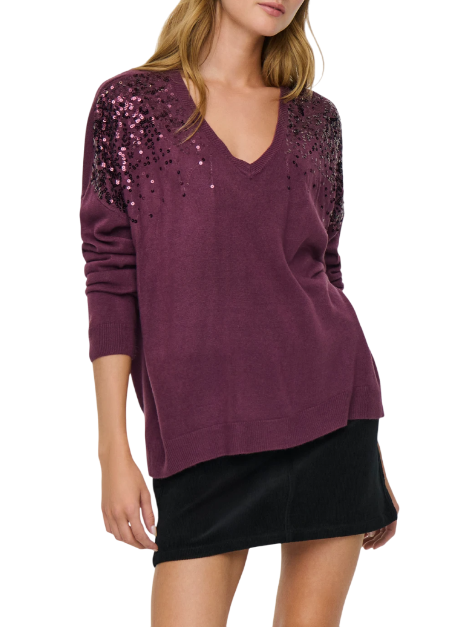 Only maglia scollo a V con paillettes borgogna 15359241 MAUVE WINE-MAUVE WINE SEQUINS ONLY