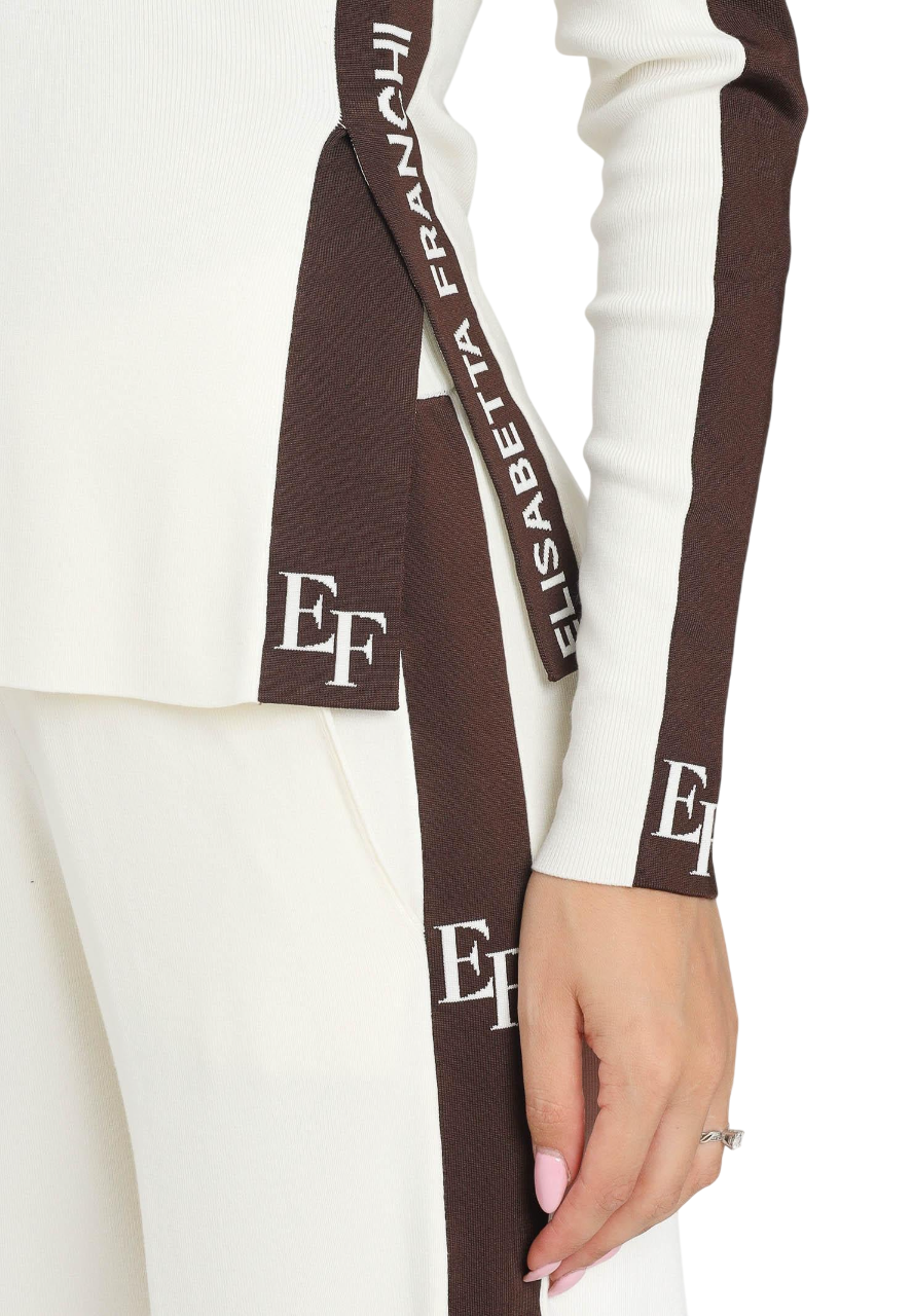 Elisabetta Franchi maglia slim con bande logate panna marrone MK03S56E2 EG2 ELISABETTA FRANCHI
