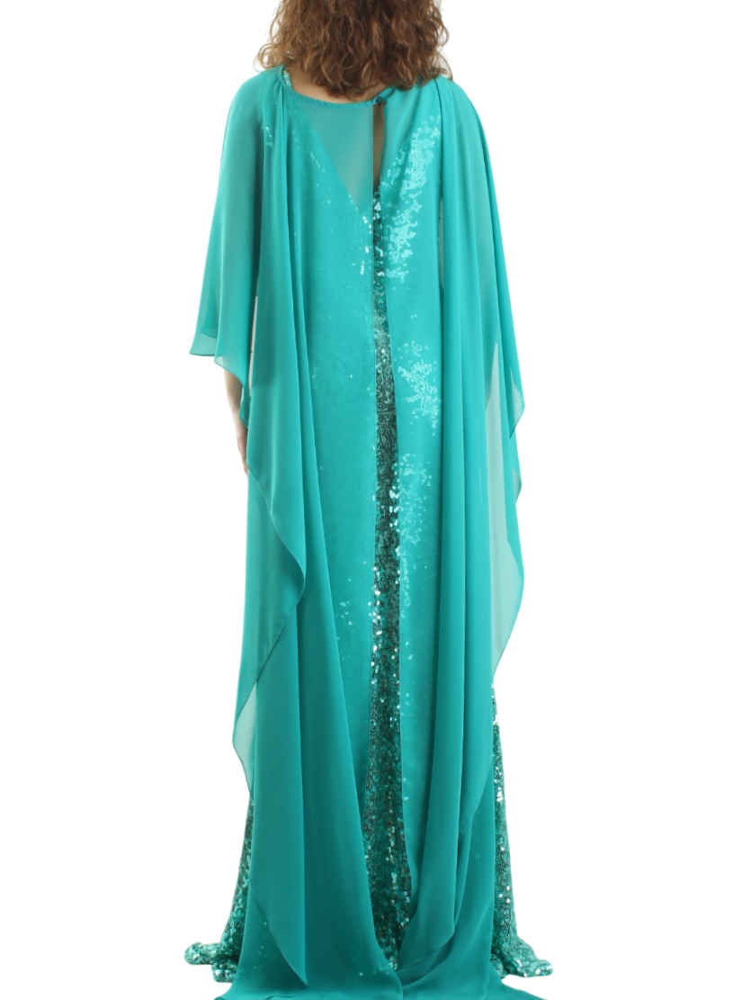 Atelier Legora abito lungo con paillettes e coprispalle verde acqua AT130-1 ACQUA A.LEGORA