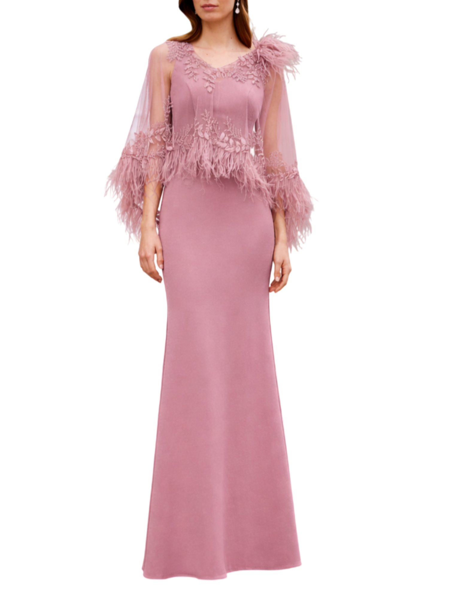 1g39-lungo in crêpe stampato. scollo a v e mantella decorata con strass e piume, con un fiore sulla spalla 1G239CRL00 460-ROSA VINTAGE COUTURE CLUB