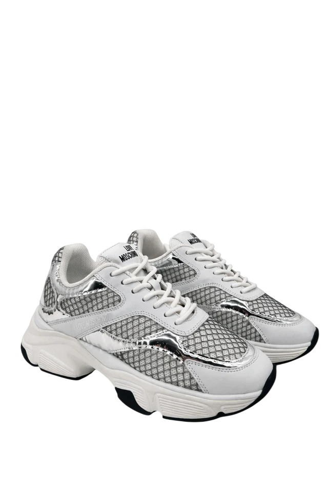 Love Moschino sneakers in mesh ed ecopelle laminata bianco argento JA15446G1O-IQ8 90A MOSCHINO LOVE