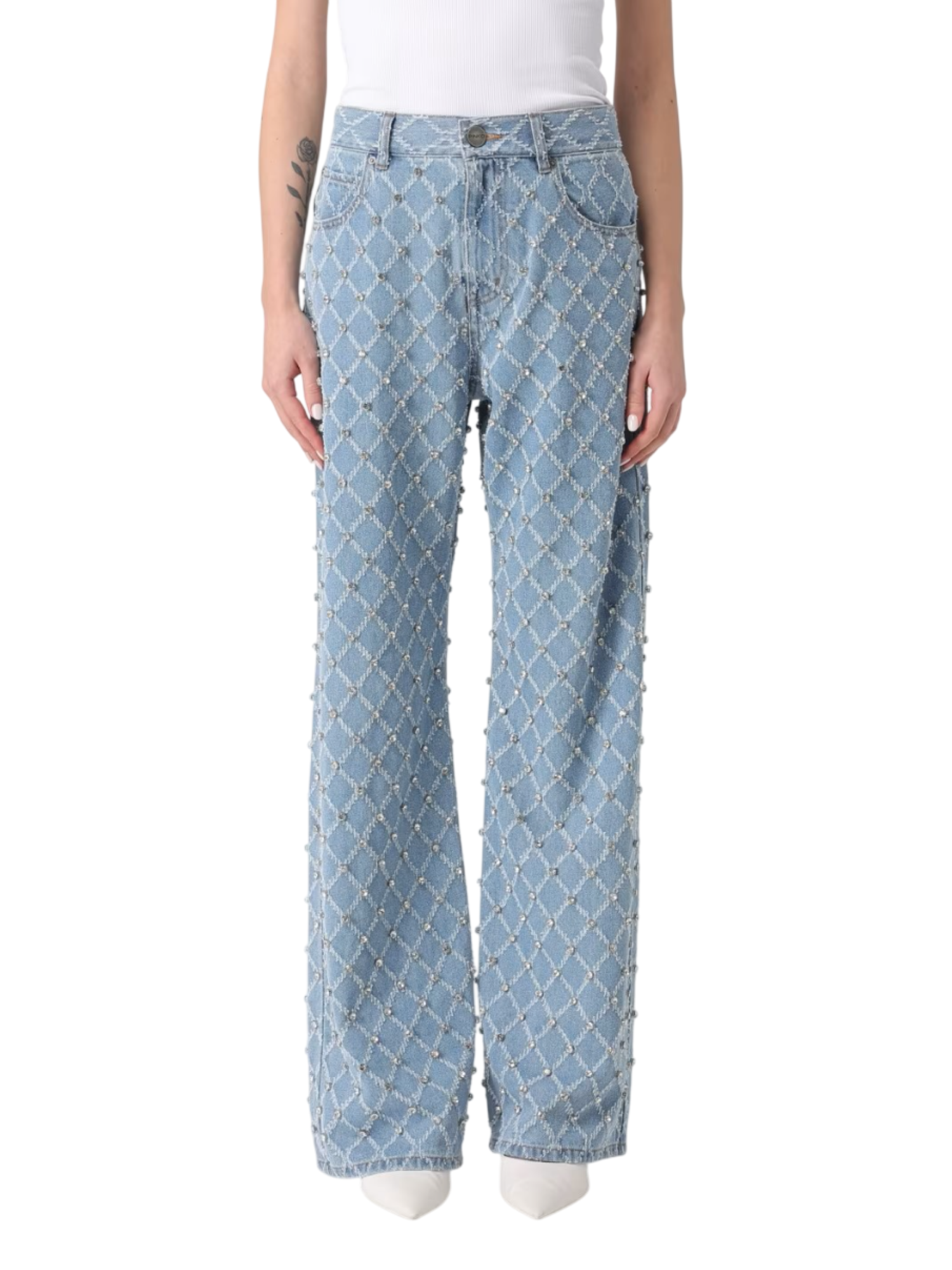 Pinko jeans wide leg Wanda con strass lavaggio blu 101733-A32N PJE PINKO