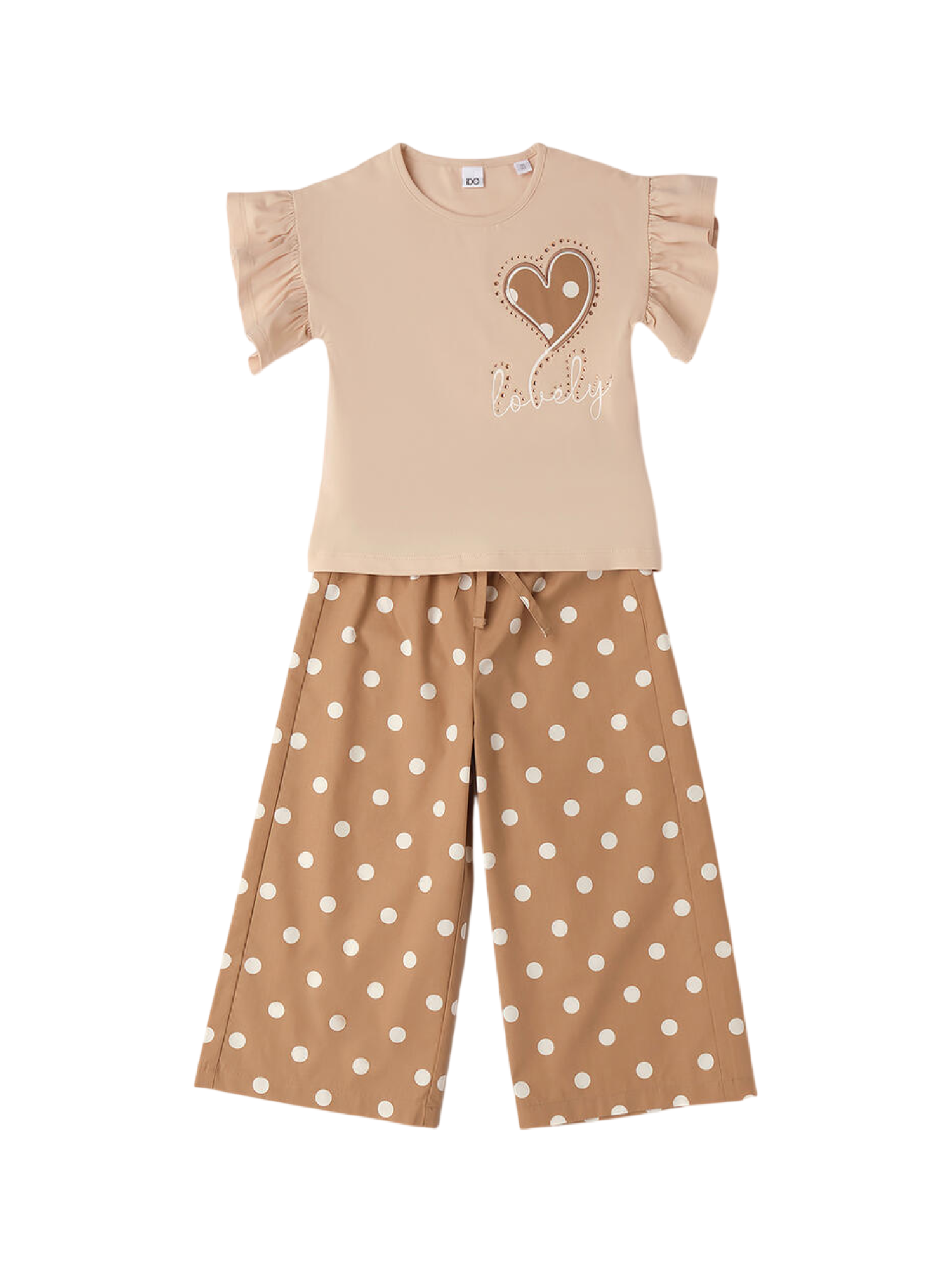 iDo completo bambina pantaloni pois e T-shirt beige 4G302 0924 iDO