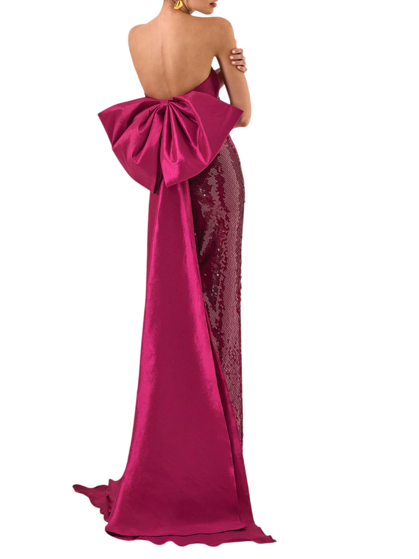 Marfil abito cerimonia con paillettes e fiocco magenta 1J2B7LEN00 510-BUGANVILLA MARFIL BARCELONA