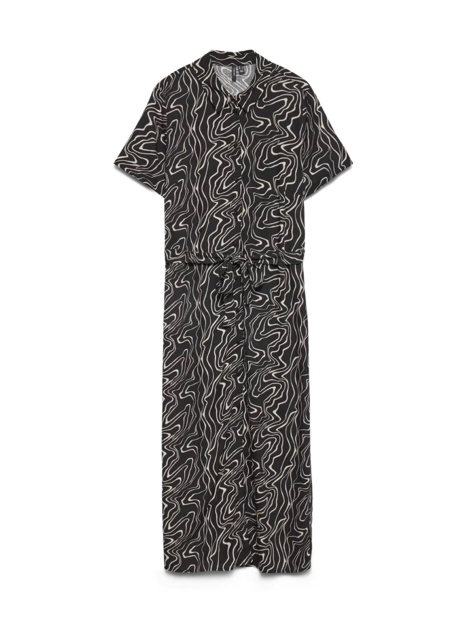 Vero Moda abito midi chemisier in fantasia nero beige 10297365 BLACK DANA VERO MODA