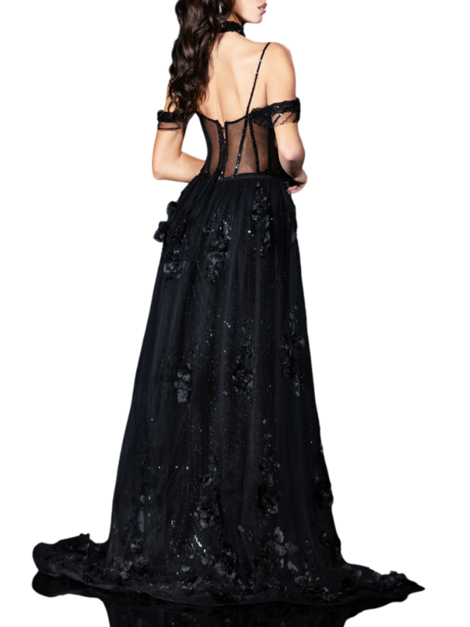 Impero Couture abito da cerimonia con paillettes e strascico con fiori nero JR23008 NERO IMPERO Couture