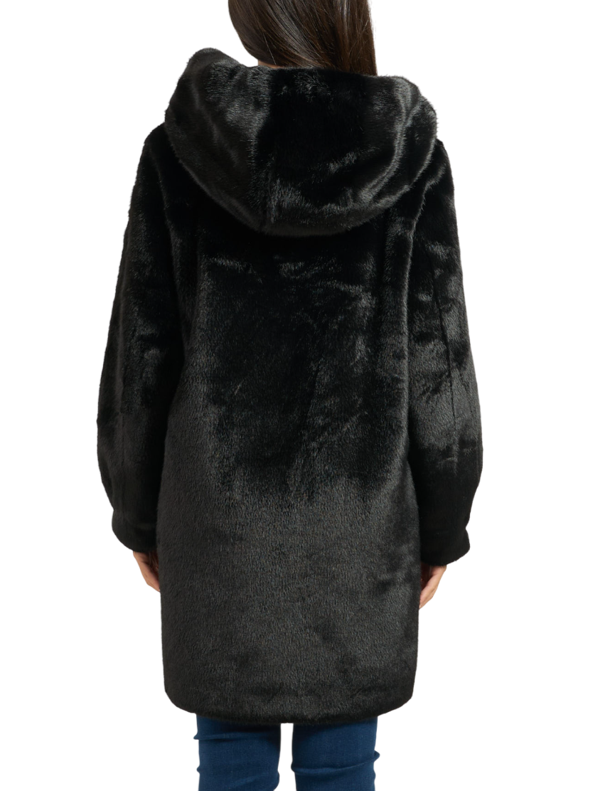 Yes Zee pelliccia ecologica con cappuccio nero O059-KI00 0801 YES-ZEE