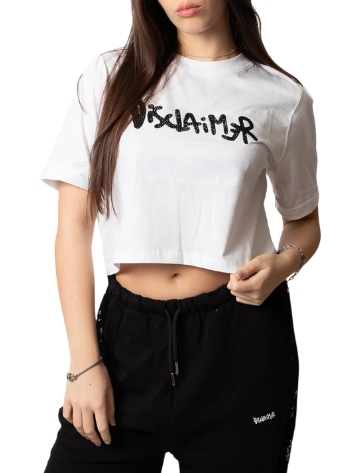 Disclaimer T-shirt crop donna con logo strass bianco 55624 BIANCO DISCLAIMER