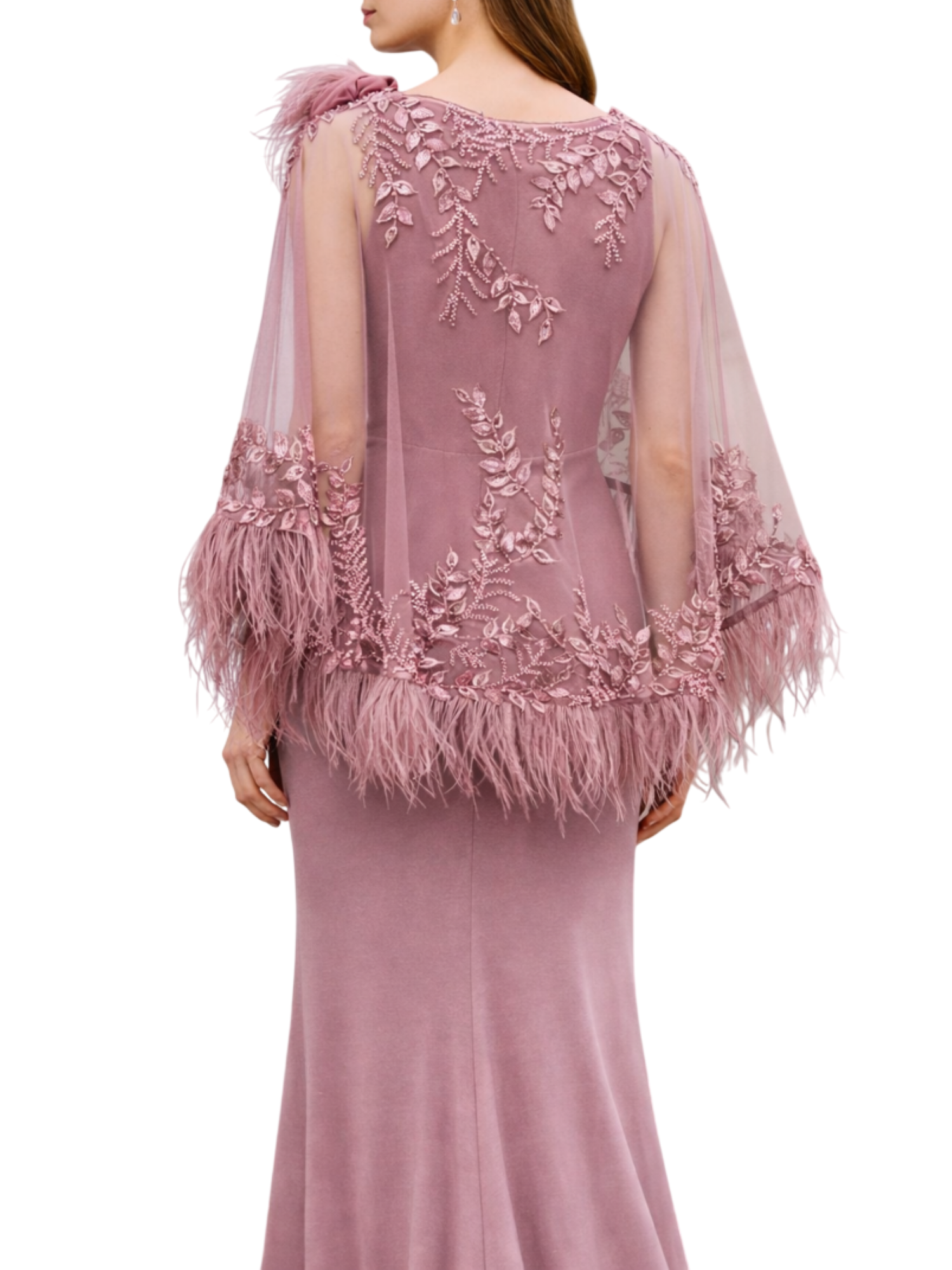 1g39-lungo in crêpe stampato. scollo a v e mantella decorata con strass e piume, con un fiore sulla spalla 1G239CRL00 460-ROSA VINTAGE COUTURE CLUB