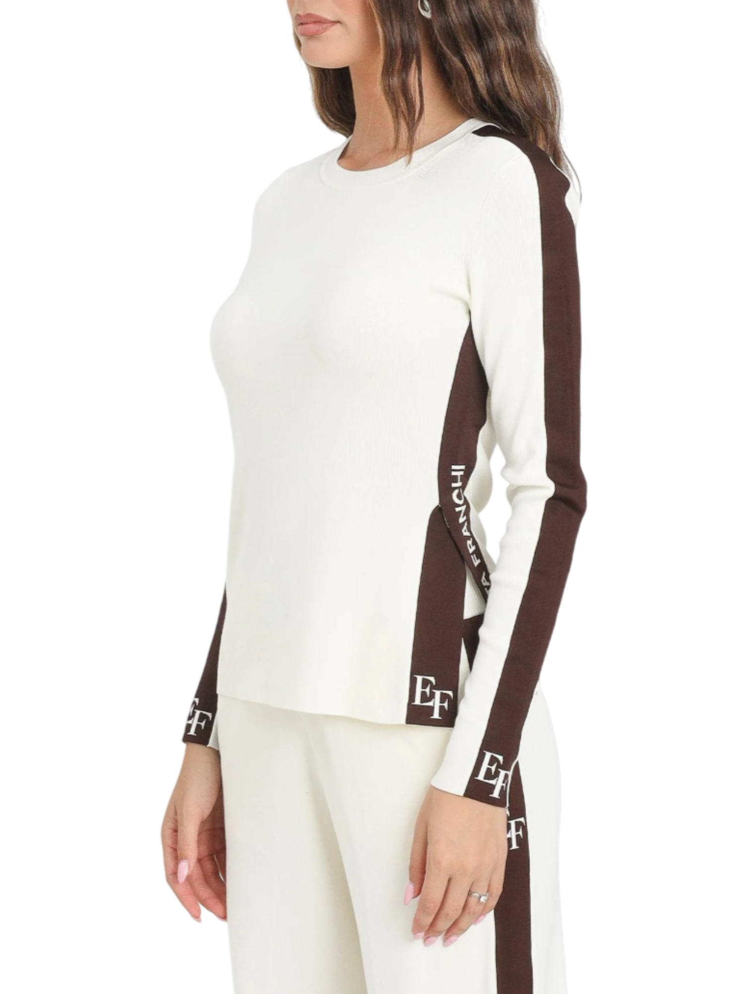 Elisabetta Franchi maglia slim con bande logate panna marrone MK03S56E2 EG2 ELISABETTA FRANCHI