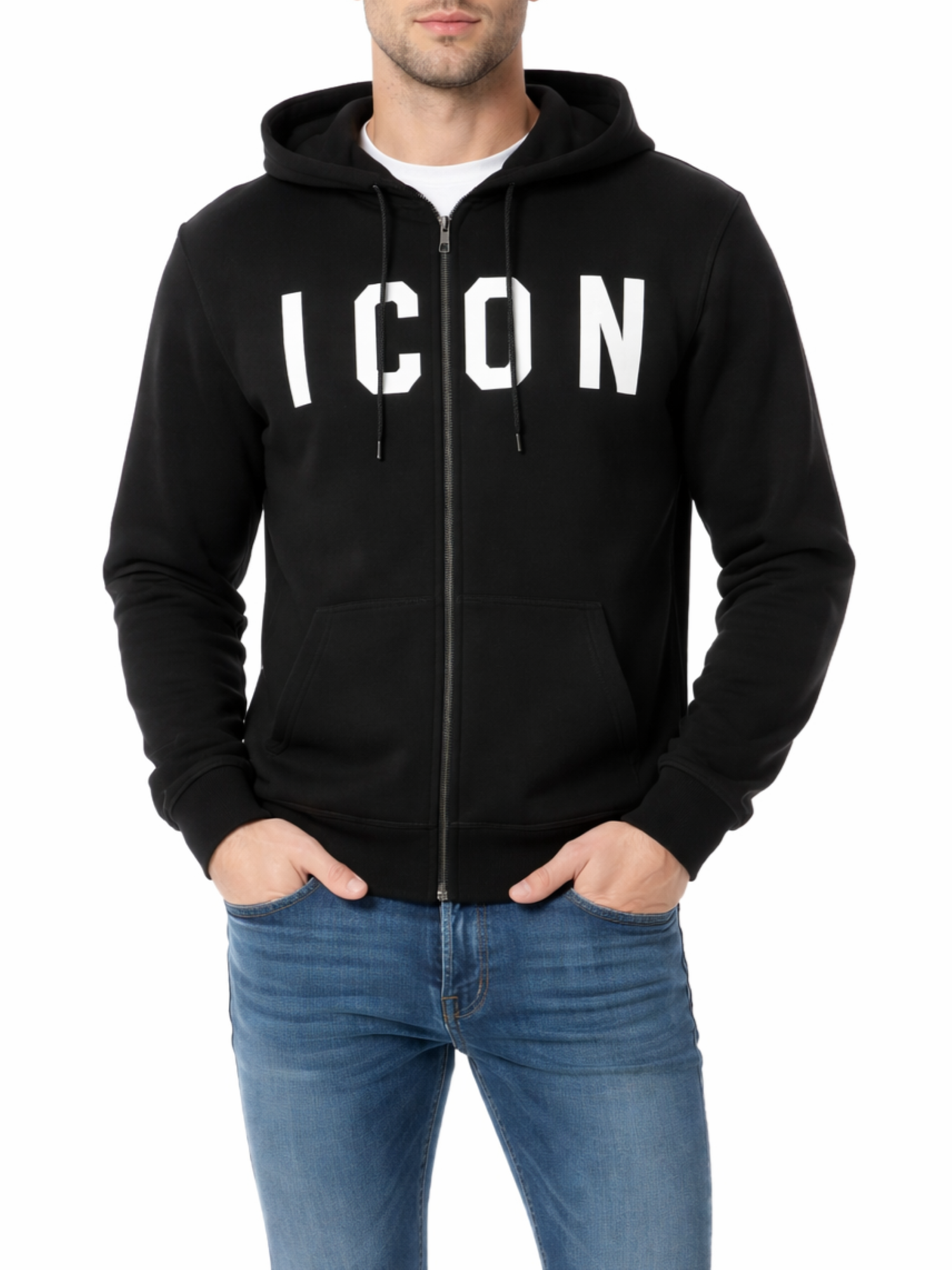 Icon felpa con cappuccio e zip uomo nero IUF001 NERO-BIANCO ICON