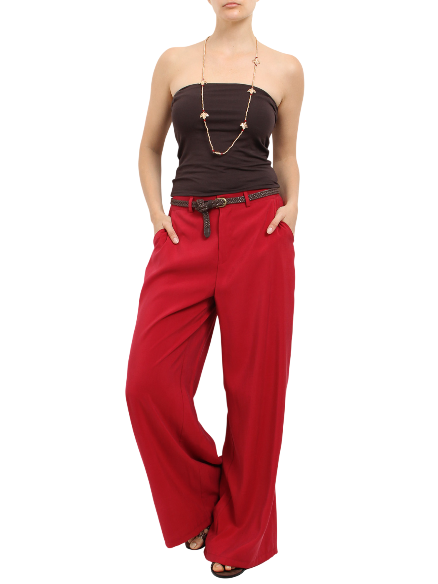 Haveone pantaloni gamba larga donna con cintura rosso scuro PIAQ634 INDIA HAVEONE