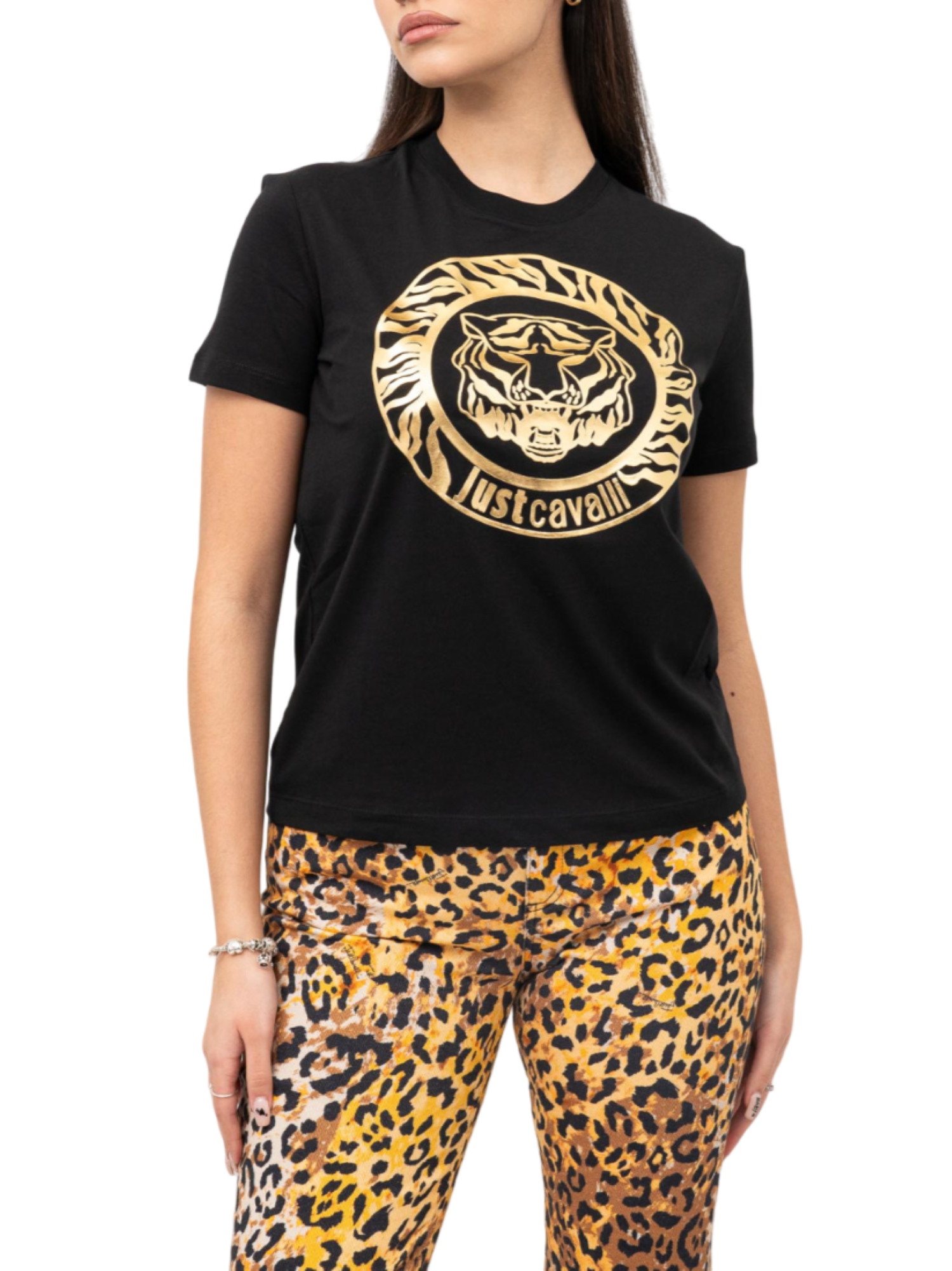 Just Cavalli T-shirt manica corta con logo Tiger nero oro 76PAHG12-CJ300 899 JUST CAVALLI