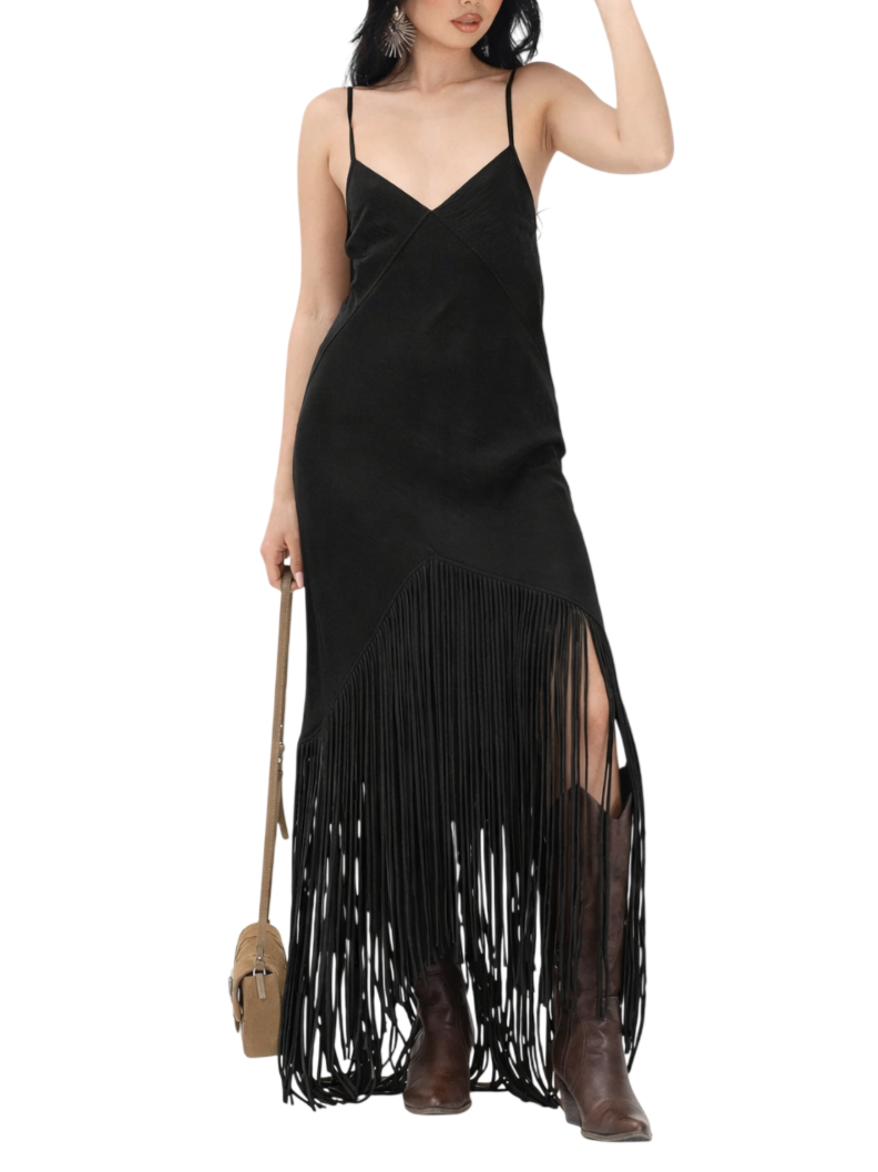 Pinko abito lungo Badia con frange nero 106825-A3AY Z99 PINKO