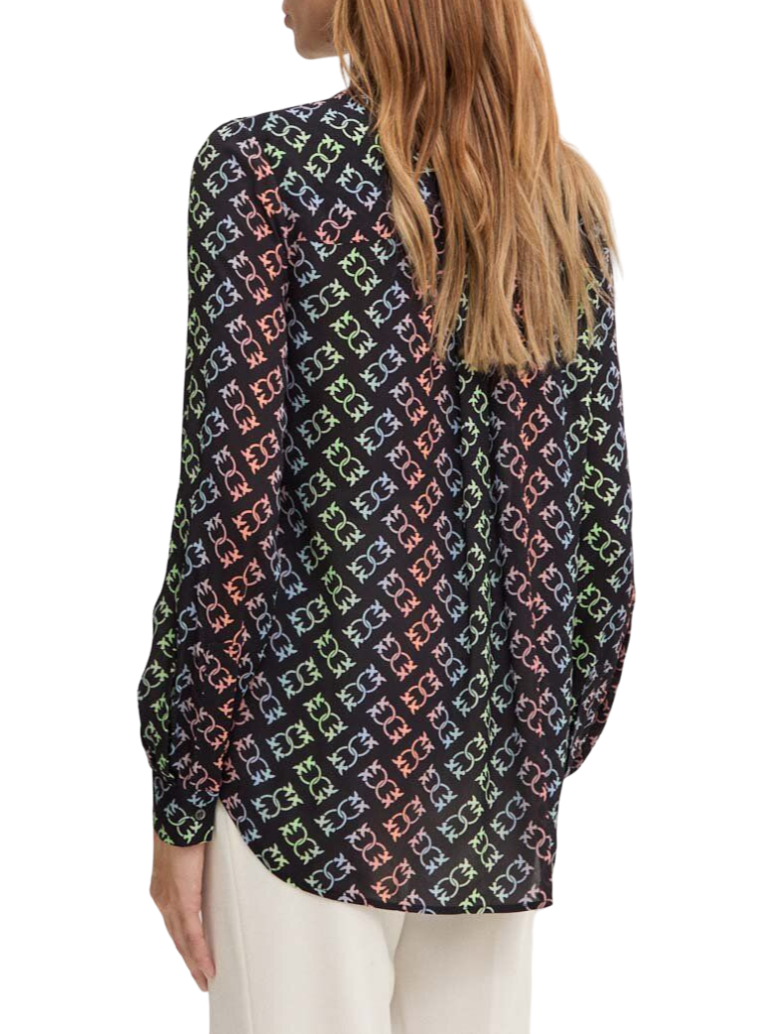 Pinko camicia new Nora manica lunga fantasia logo Love Birds nero 104011-A23B Z97 PINKO