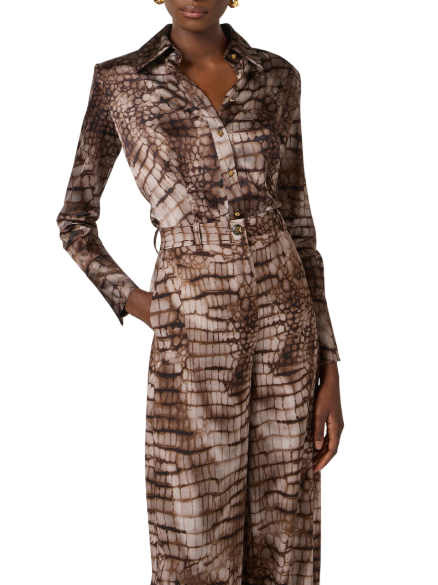 Elisabetta Franchi camicia in raso stampa alligatore marrone CA13161 644 ELISABETTA FRANCHI