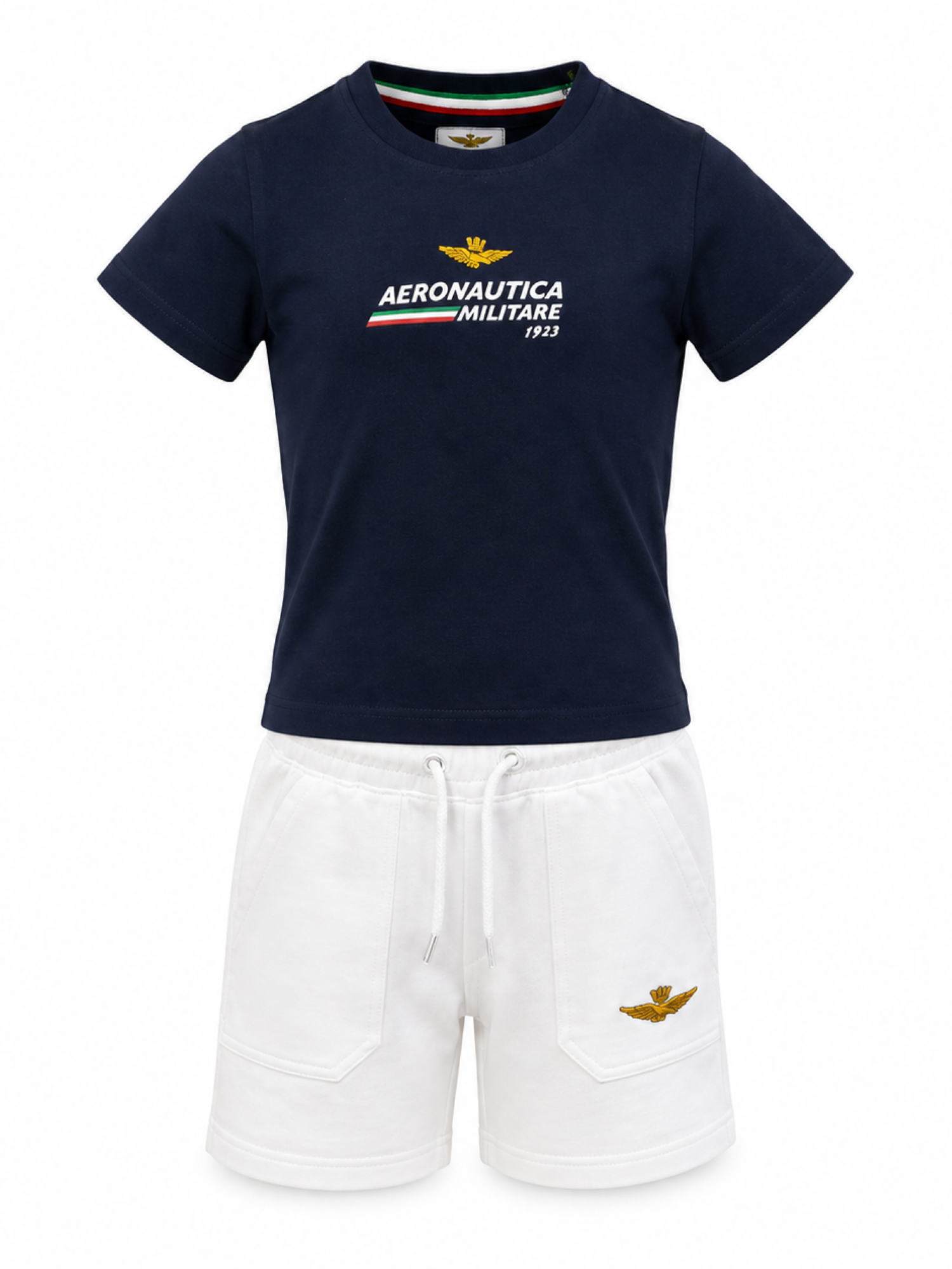 Aeronautica Militare completo estivo bambino T-shirt e shorts blu bianco 261TF0013A OPTICAL WHITE AERONAUTICA MILITARE