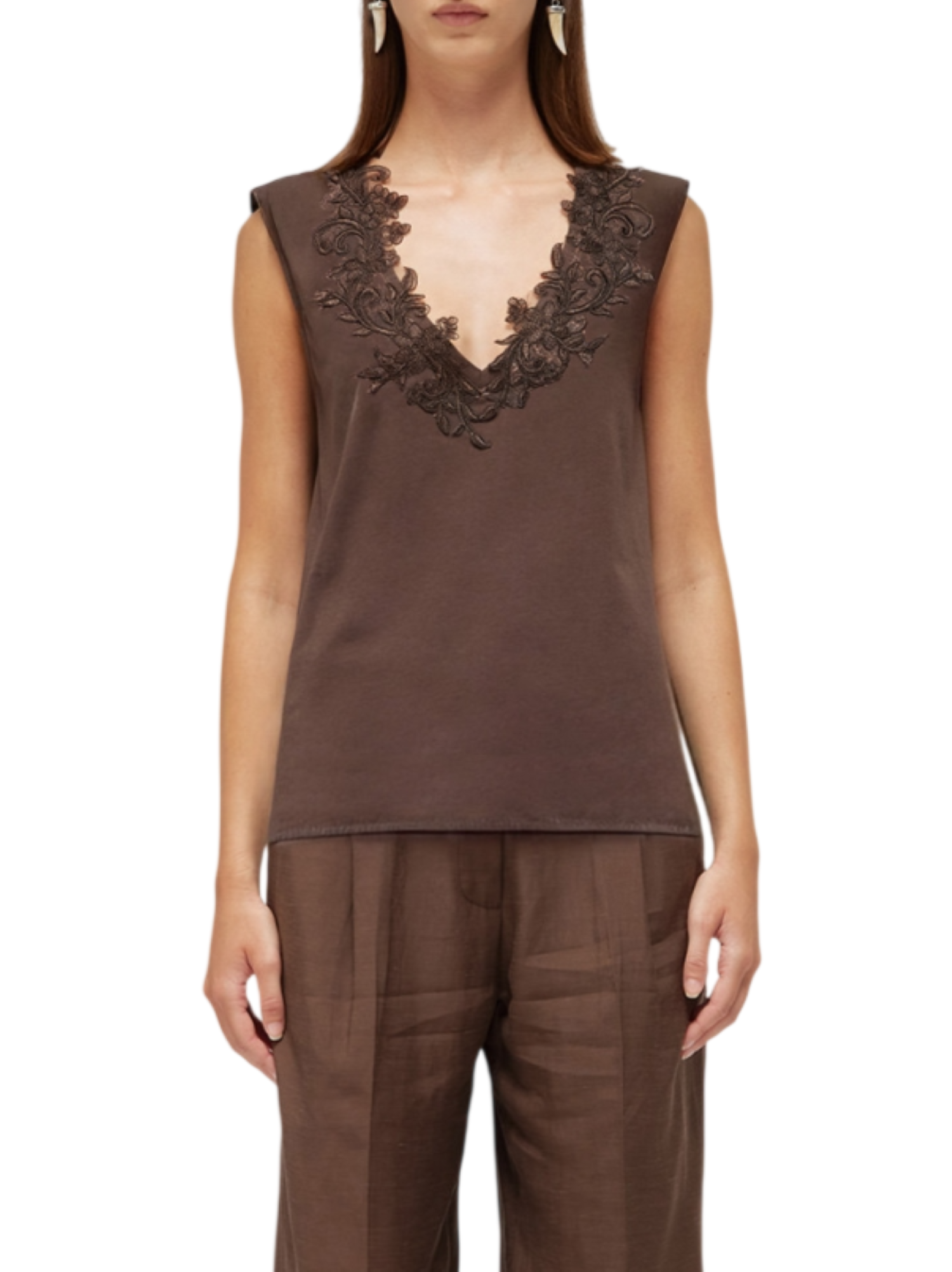 Blugirl T-shirt smanicata con ricami floreali marrone RA6152J5003 90913 BLUGIRL