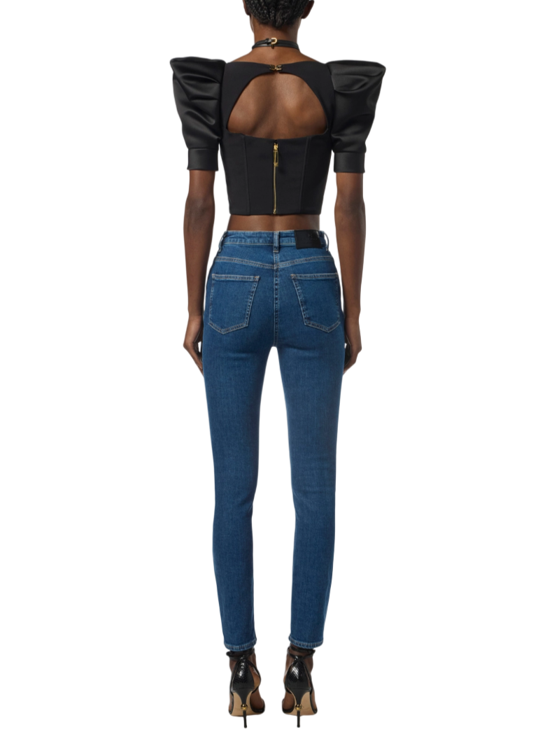 Elisabetta Franchi top in crepe e duchesse con manica palloncino nero TO02656E2 110 ELISABETTA FRANCHI