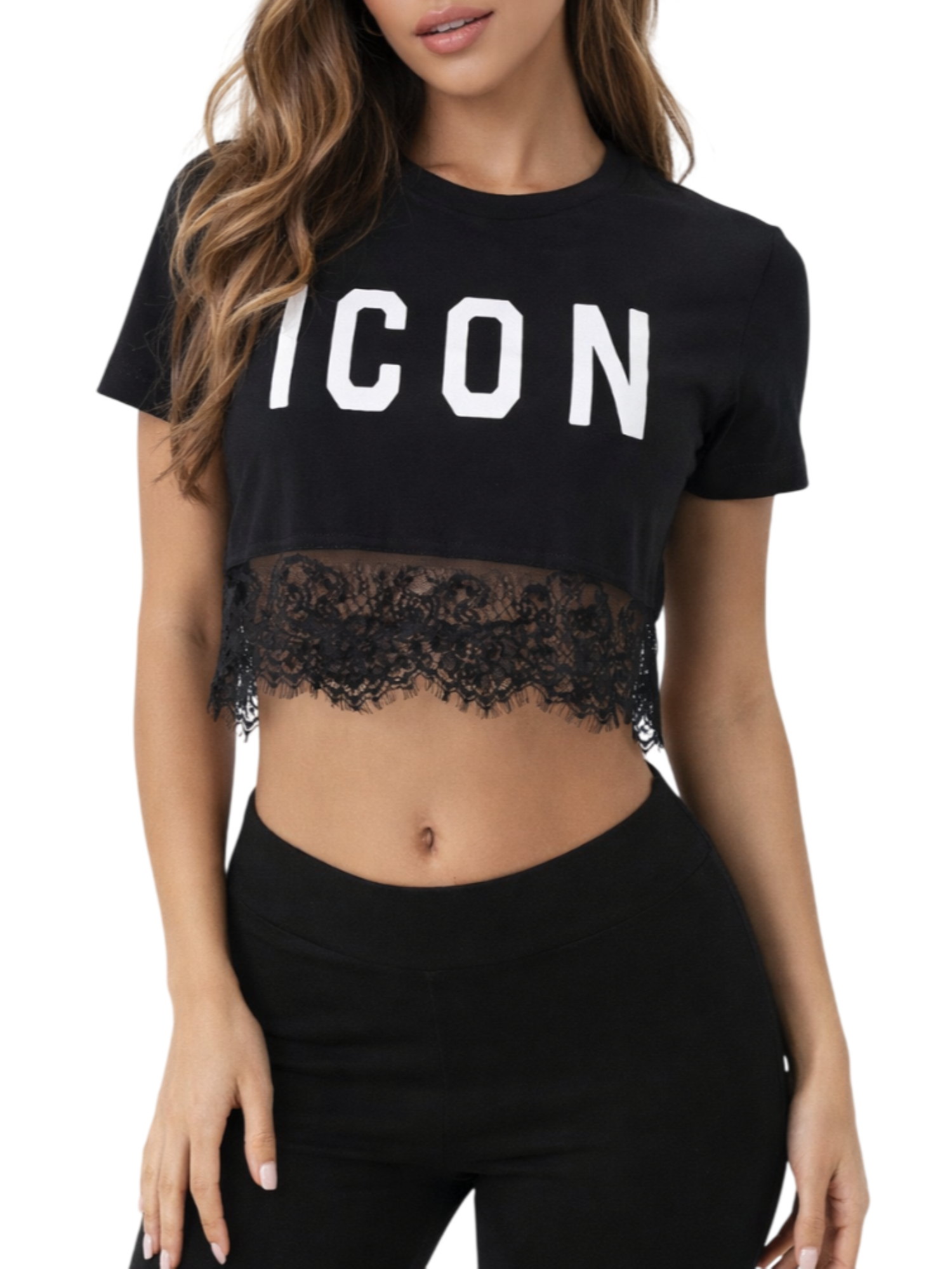 Icon T-shirt crop donna con pizzo nero IDT010 NERO ICON