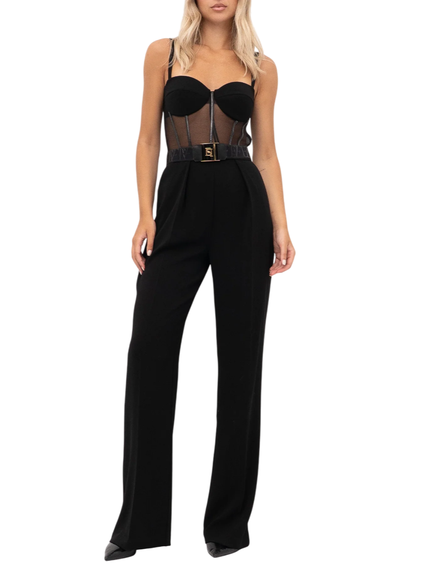 Elisabetta Franchi tuta jumpsuit in tulle e crepe nero TU05756E2 110 ELISABETTA FRANCHI