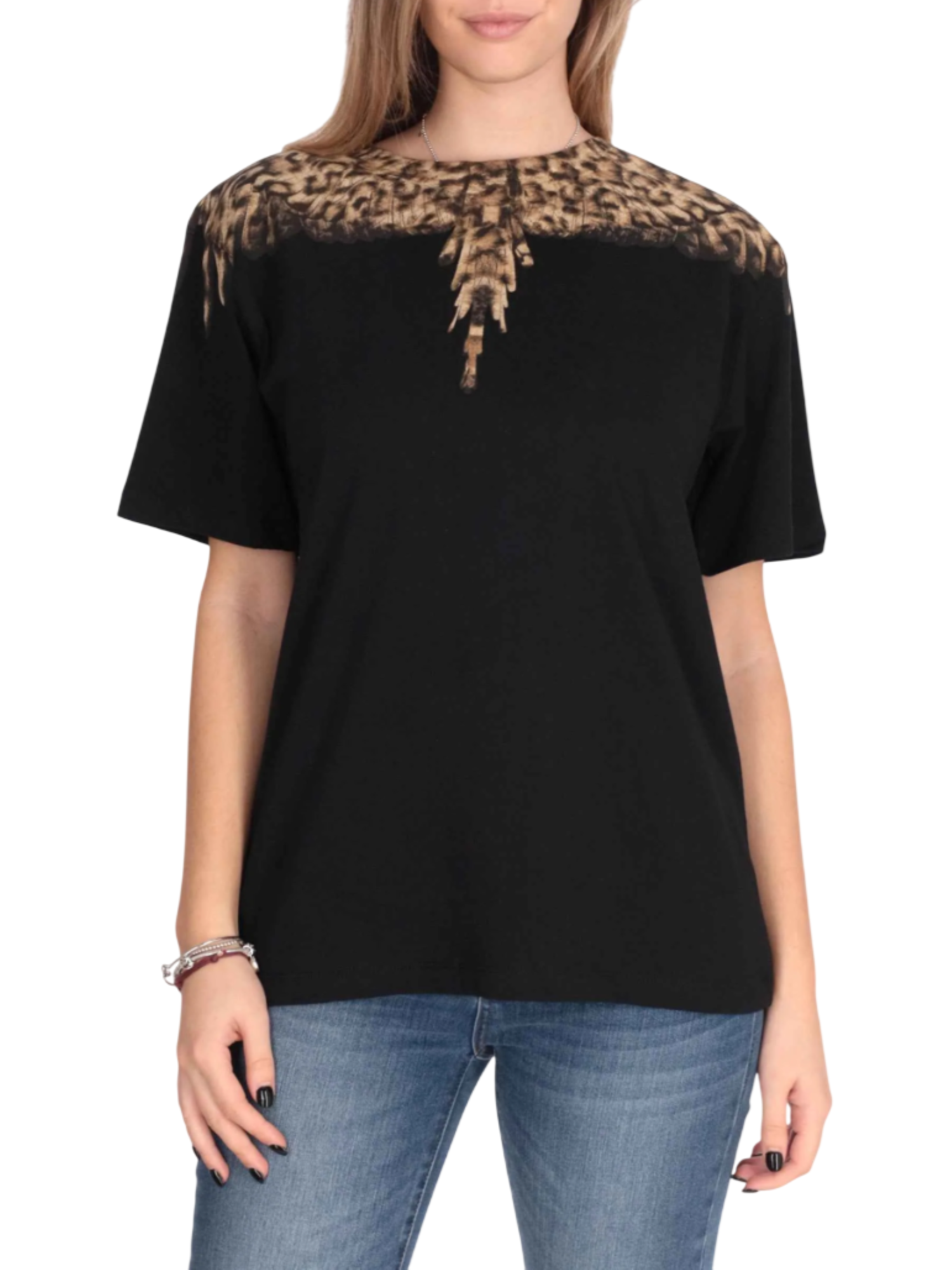 County of Milan T-shirt donna in jersey con stampa iconica nero beige CM30166 NERO-WINGS ANIMALIER COUNTY OF MILAN