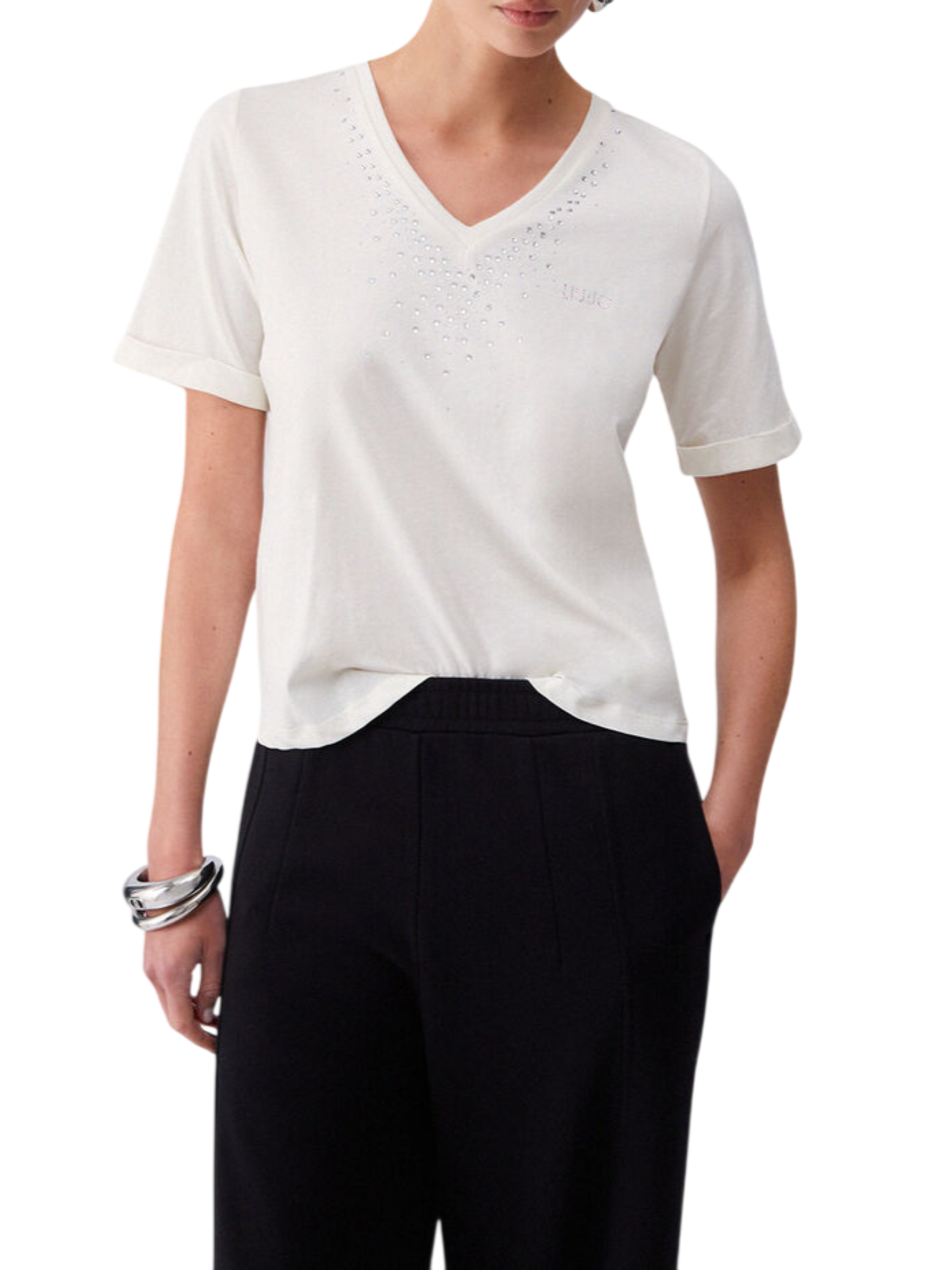 Liu Jo T-shirt scollo a V con strass panna TA6284JS923 10105 LIU JO