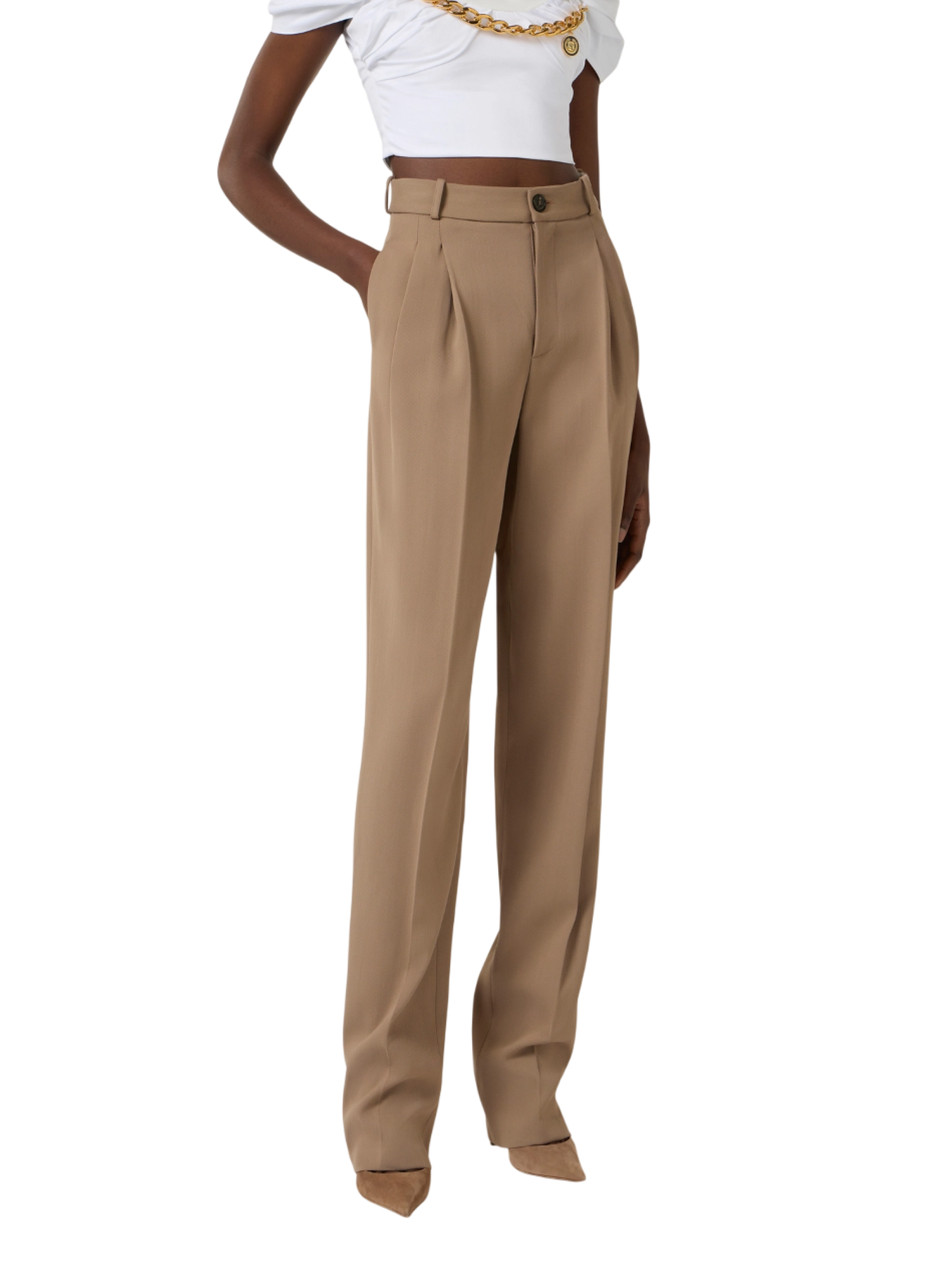 Elisabetta Franchi pantaloni in gabardina con pinces cammello PA17661 229 ELISABETTA FRANCHI