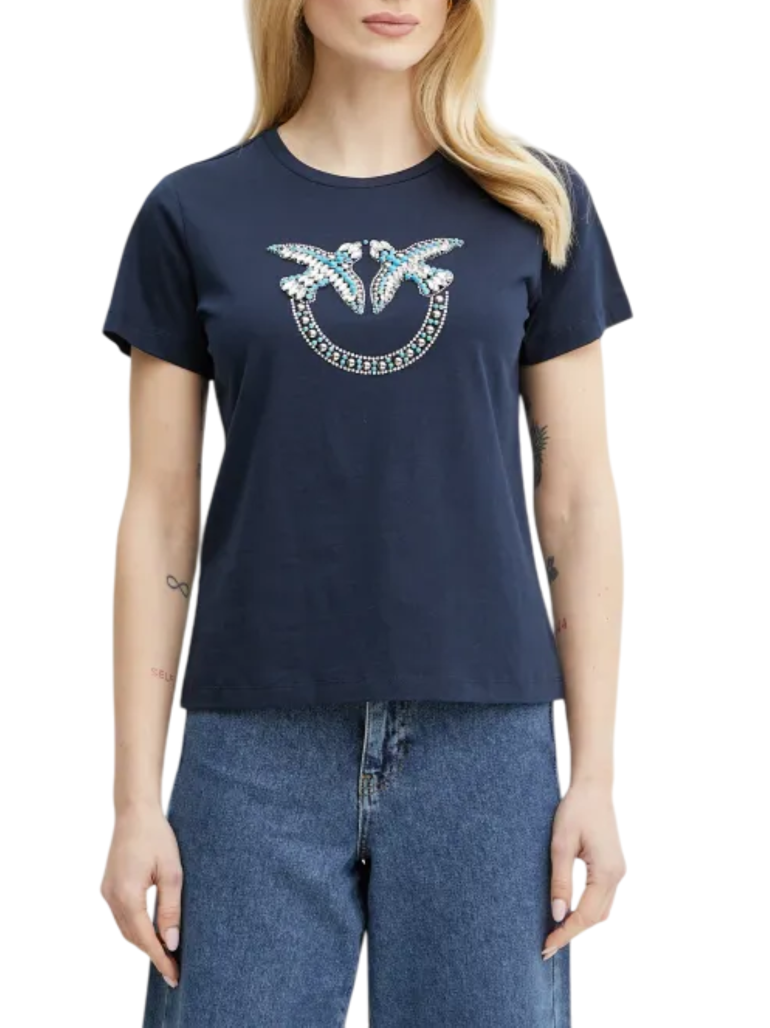 Pinko T-shirt manica corta Quentin con logo gioiello blu 100535-A2G7 G1A PINKO