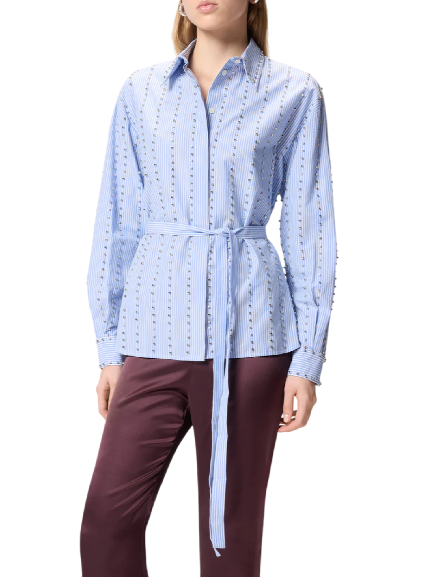 Pinko camicia Carley a righe con strass e cinta celeste bianco 106225-A32R ZE5 PINKO