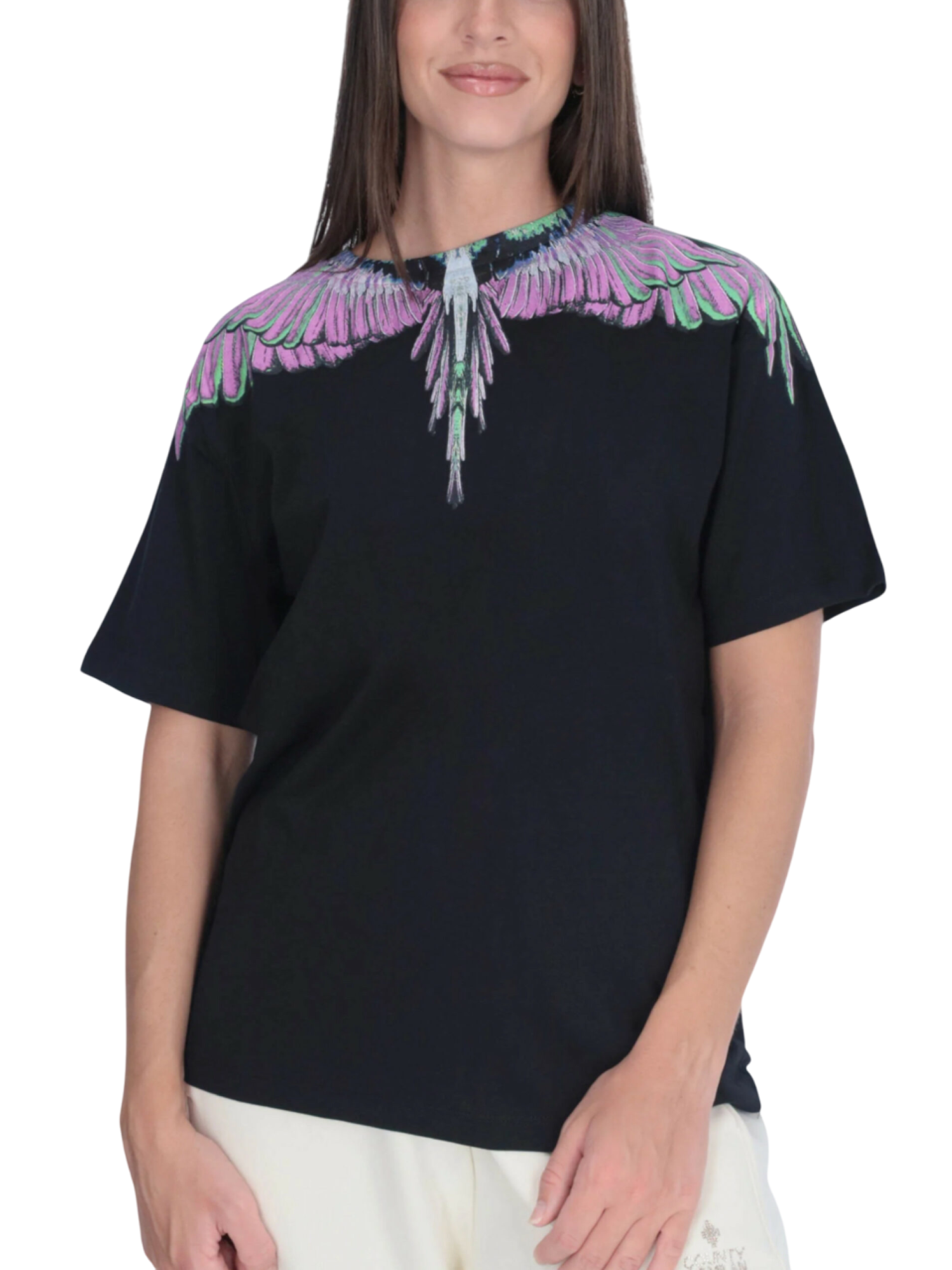 County of Milan T-shirt donna con stampa iconica nero CM30001 NERO-PINK WINGS COUNTY OF MILAN