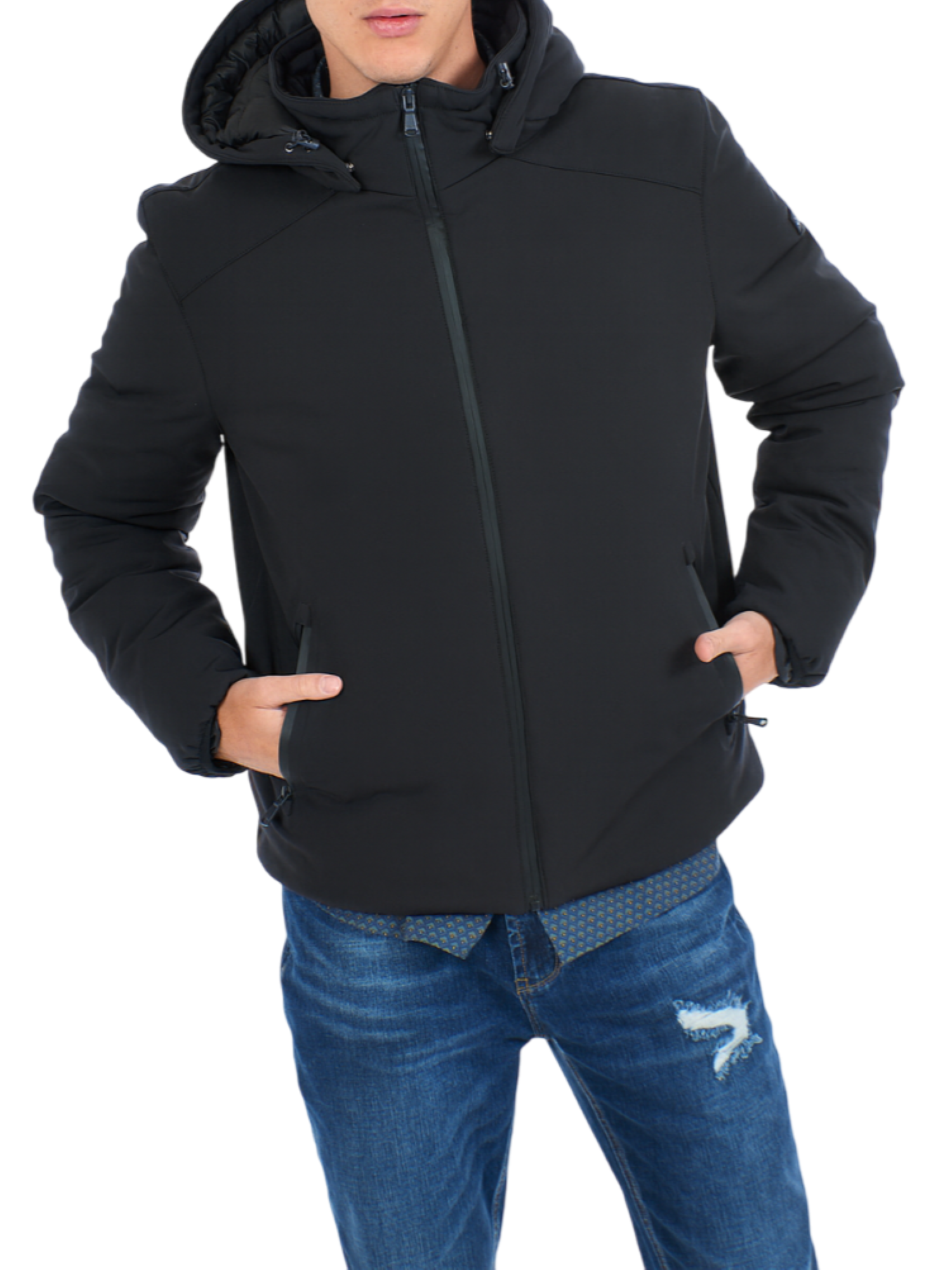Yes Zee piumino corto in softshell con cappuccio nero J834-NM00 0801 YES-ZEE