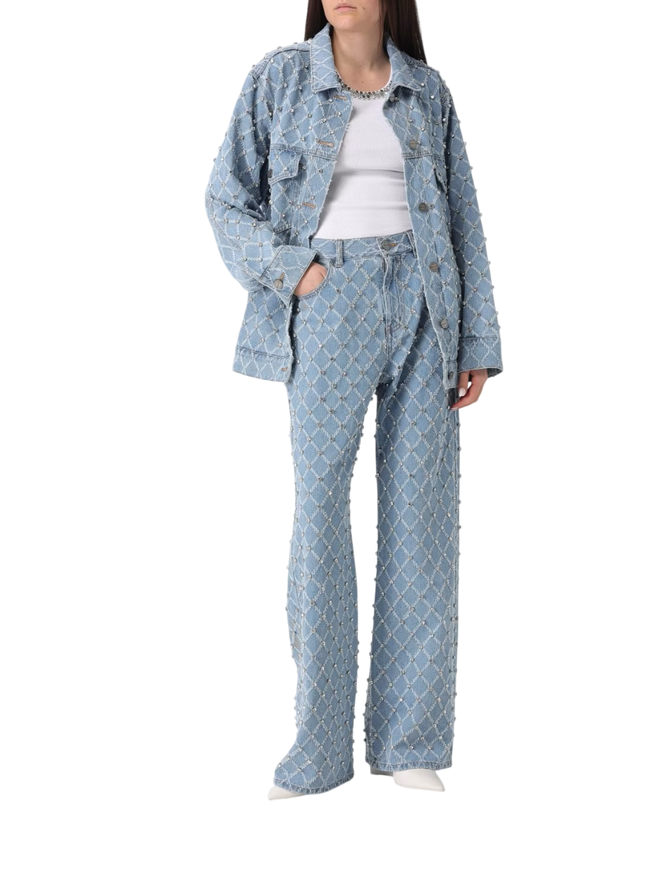 Pinko jeans wide leg Wanda con strass lavaggio blu 101733-A32N PJE PINKO