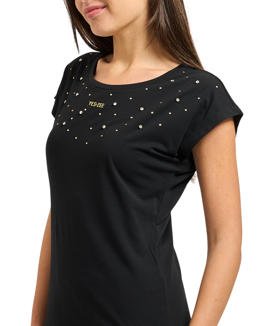 Yes Zee T-shirt manica corta con strass nero T275-S700 0801 YES-ZEE