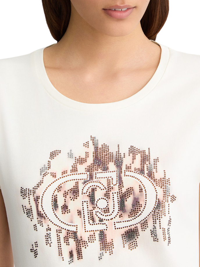 Liu Jo T-shirt maniche corte con logo sfumato strass bianco latte TA5173JS003 M9514 LIU JO
