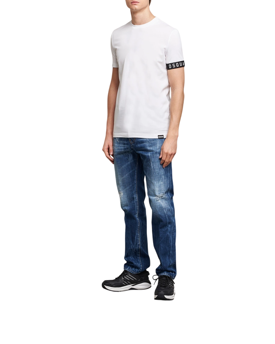 Dsquared2 T-shirt manica corta con banda logata bianco nero D9M3S5770 WHITE-BLACK DSQUARED2