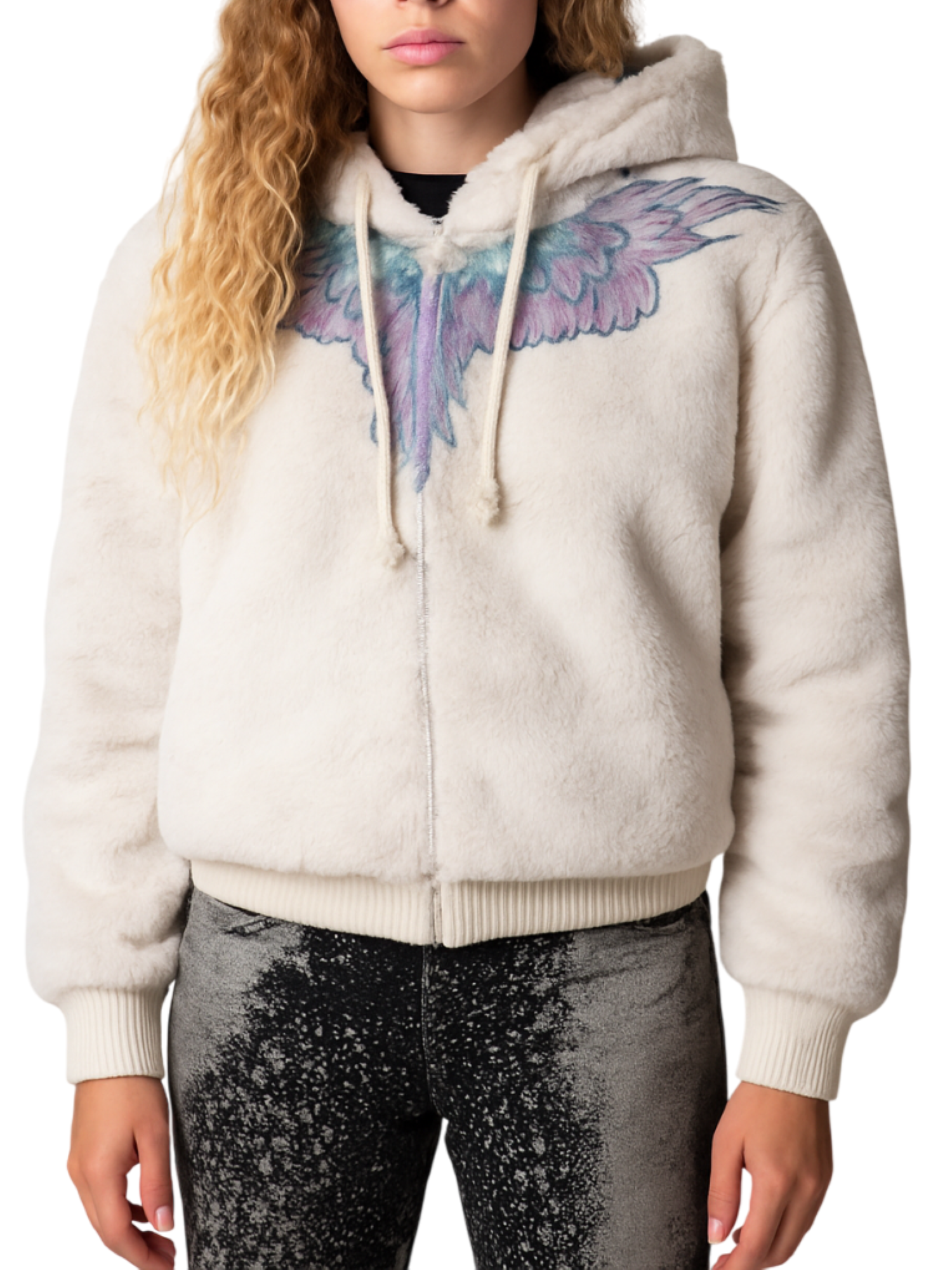 County of Milan pelliccia ecologica con zip stampa iconica ecrù CM30005 LATTE-PINK WINGS COUNTY OF MILAN