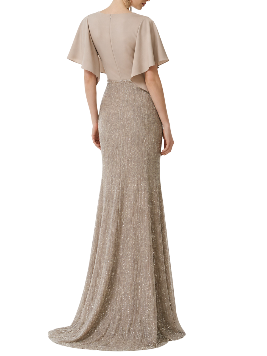 1gh3-lungo, in perline con corpetto in crêpe. scollo a v, maniche a mantella, schiena chiusa e scialle 1G2H3PED00 220-ALMENDRA COUTURE CLUB