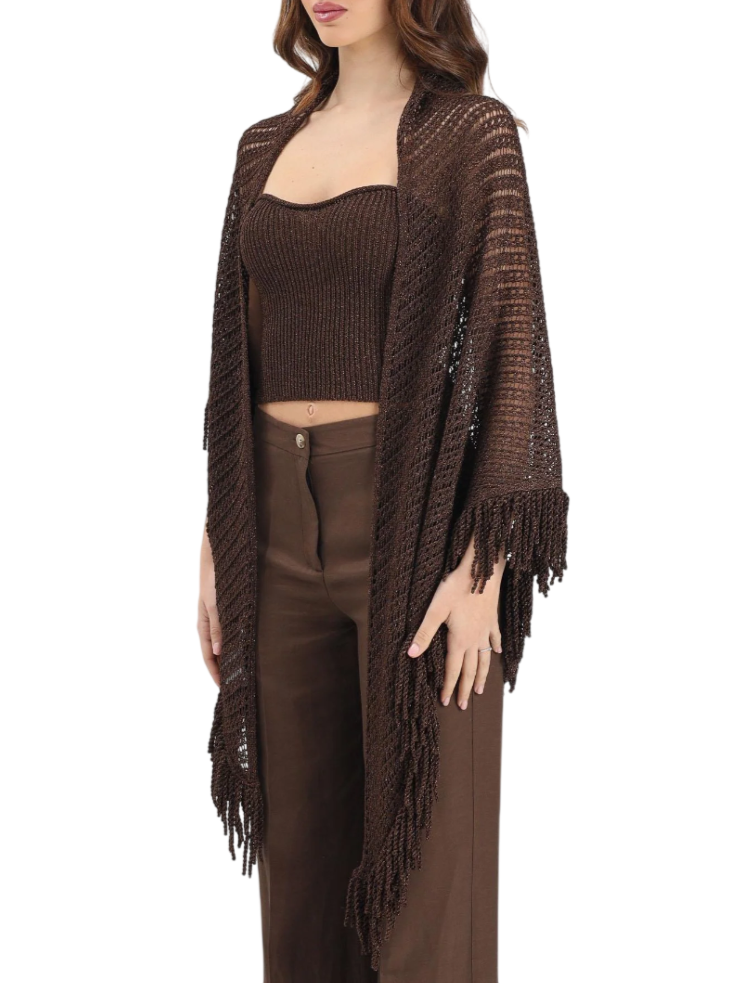 Simona Corsellini scialle in maglia traforata lurex con frange marrone P26CPSLO0101 0771 SIMONA CORSELLINI