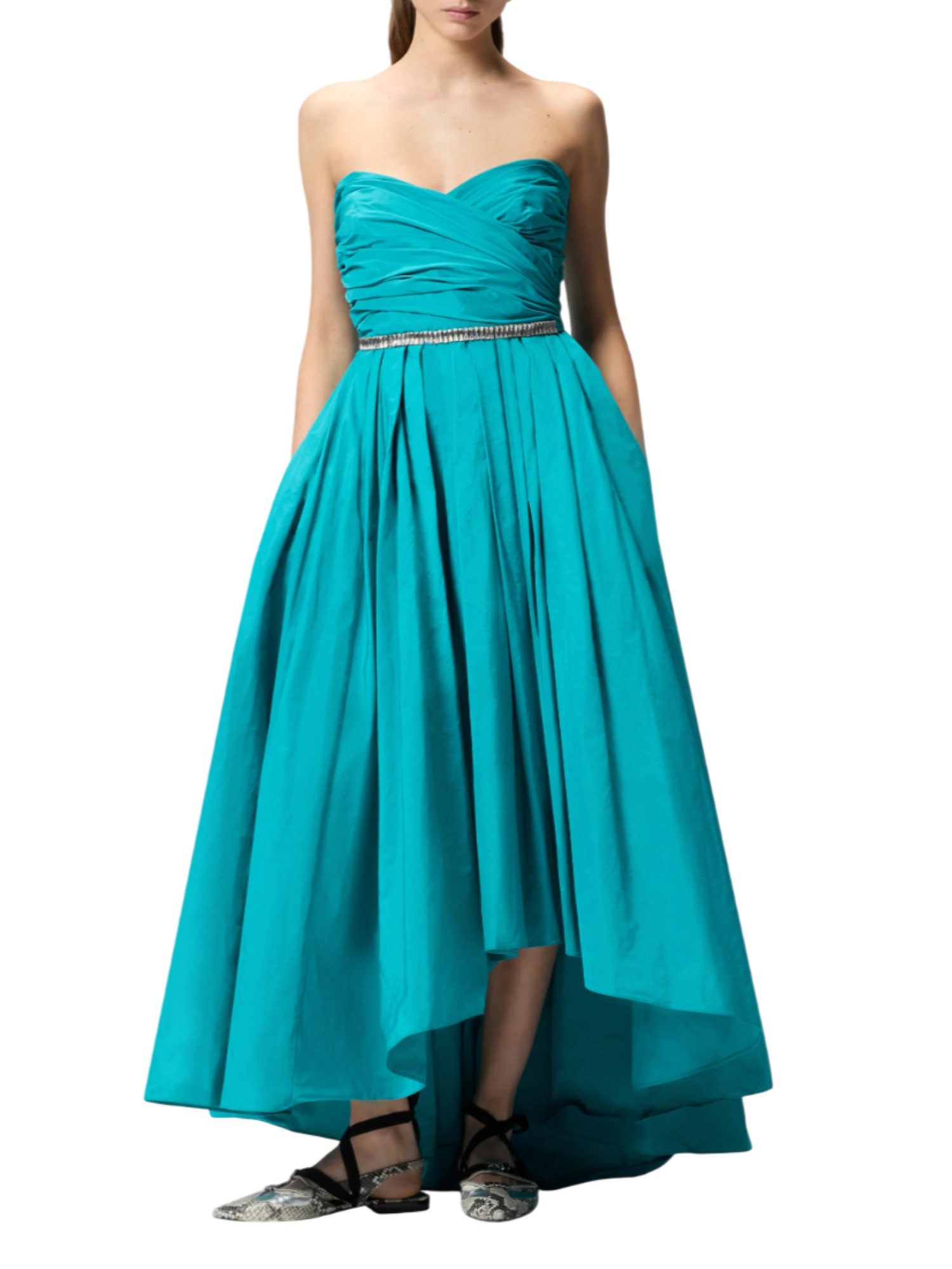Pinko abito lungo in taffetà Dattero con cintina gioiello verde acqua 106254-A327 V76 PINKO