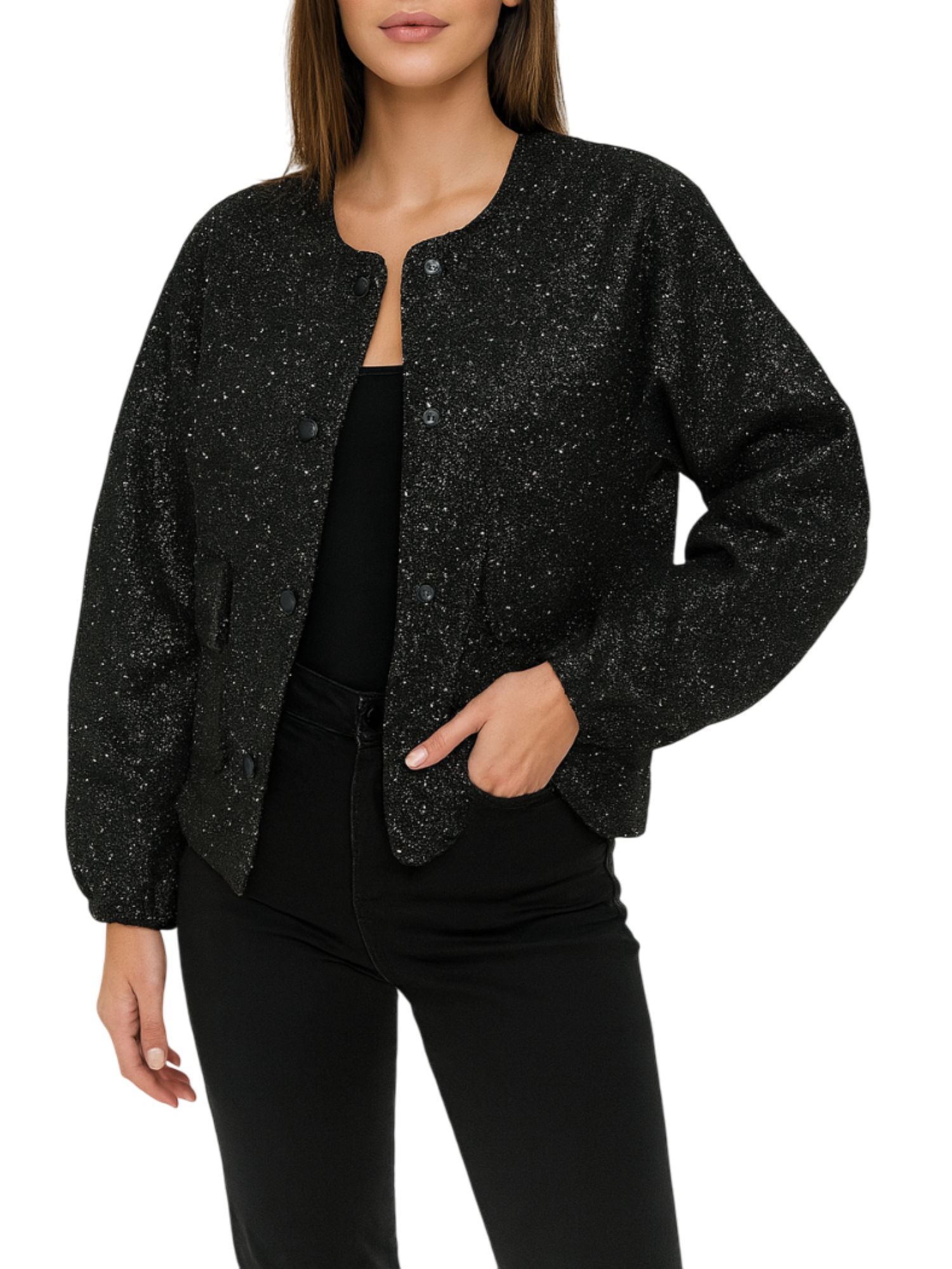 Pieces giubbino in tweed con paillettes nero 17160454 BLACK-SEQUINS PIECES