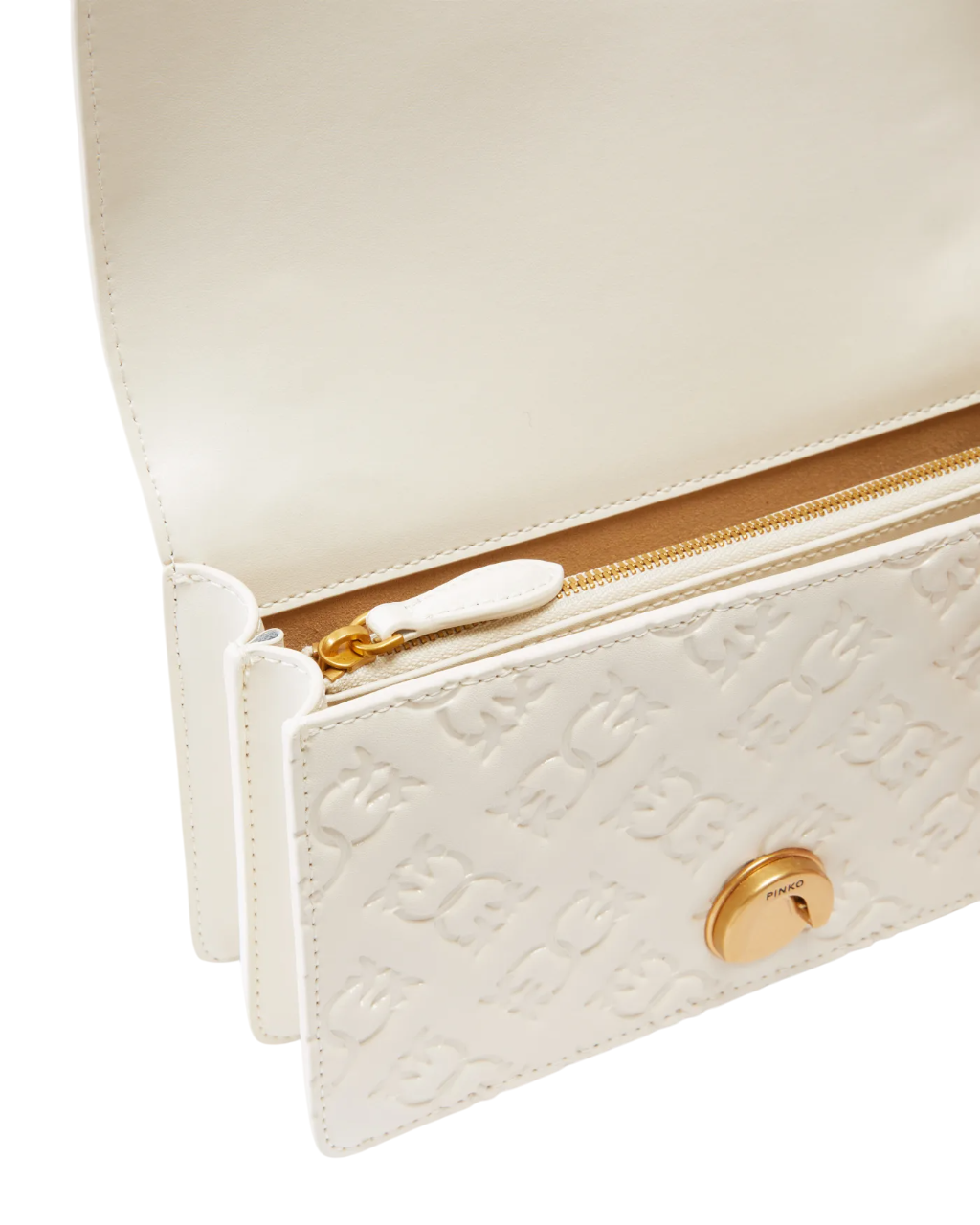Pinko borsa Love One Mini in pelle con logo imprimè bianco latte oro 100074-A1YB Z14Q PINKO