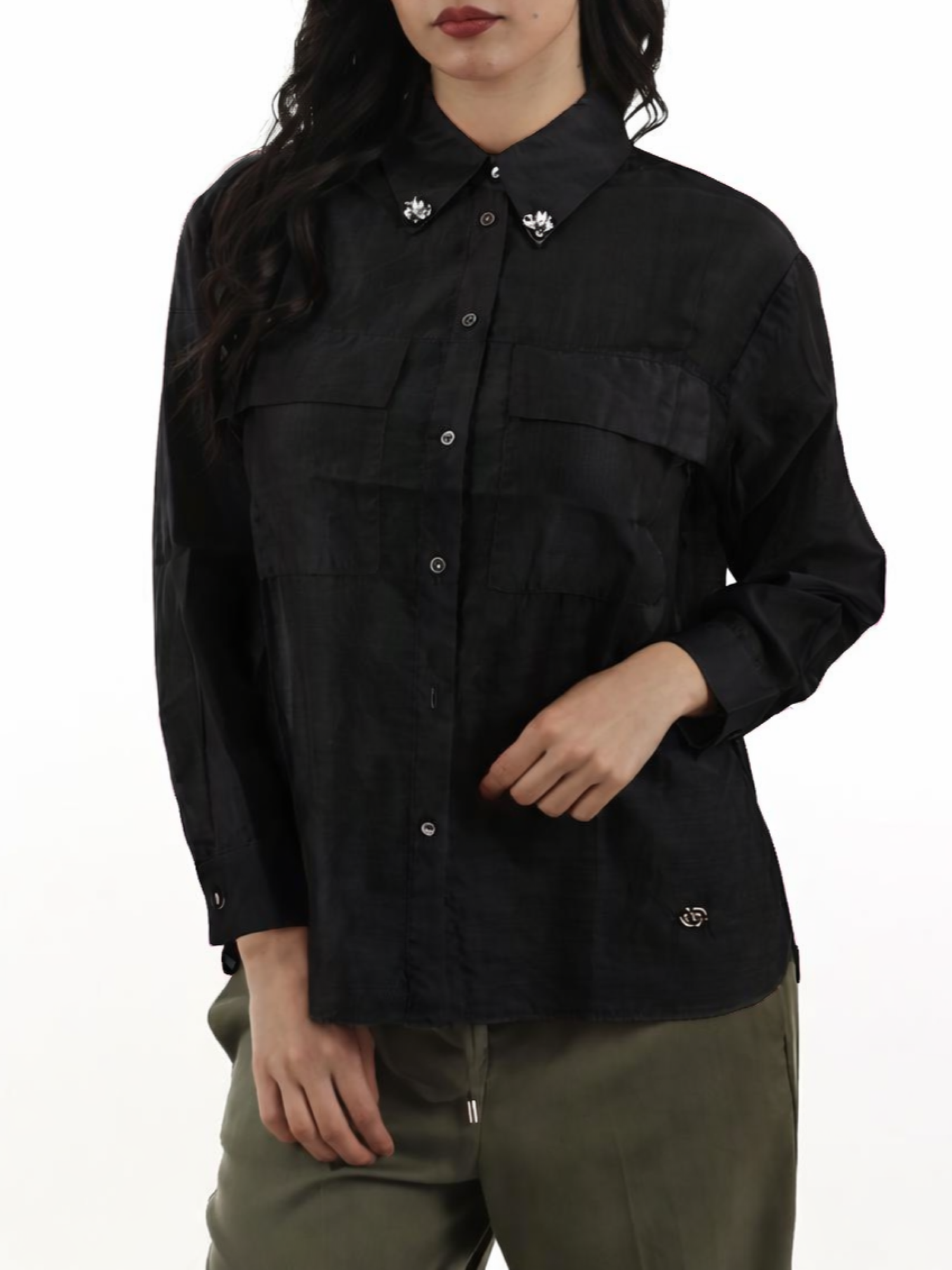 Yes Zee camicia cargo donna con trasparenze nero C417-ET00 0801 YES-ZEE