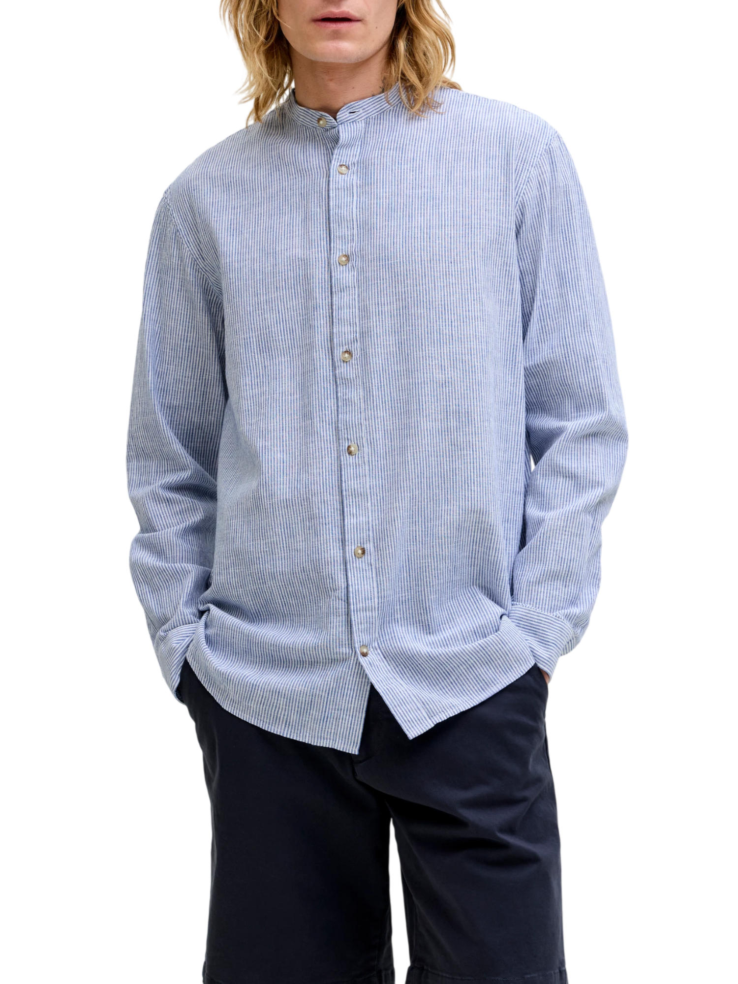 Jack&Jones camicia alla coreana misto lino a righe bianco azzurro 12289184 INFINITY-STRIPES JACK&JONES