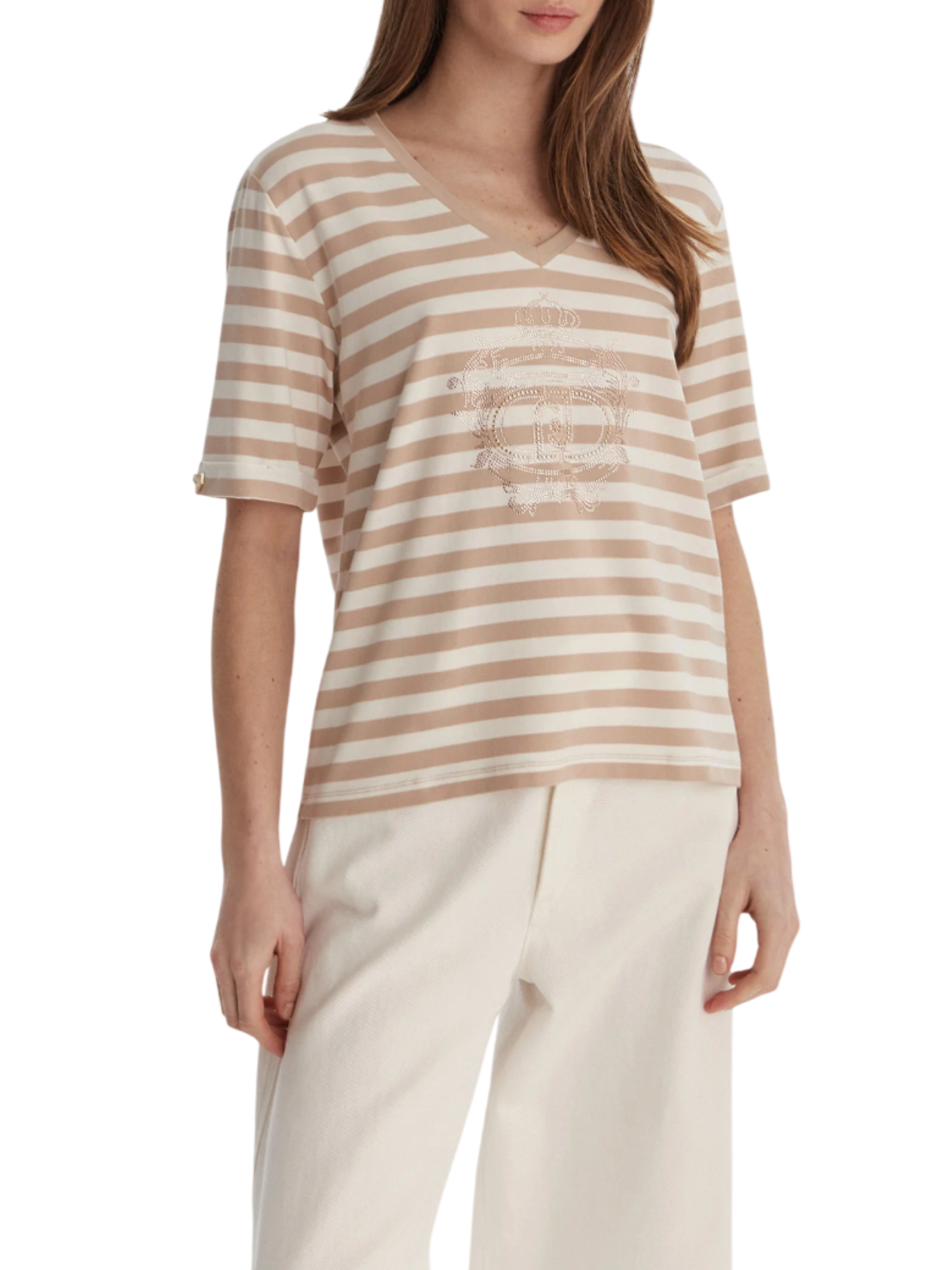 Liu Jo T-shirt manica corta a righe con strass panna beige TA6206JS005 C3883 LIU JO