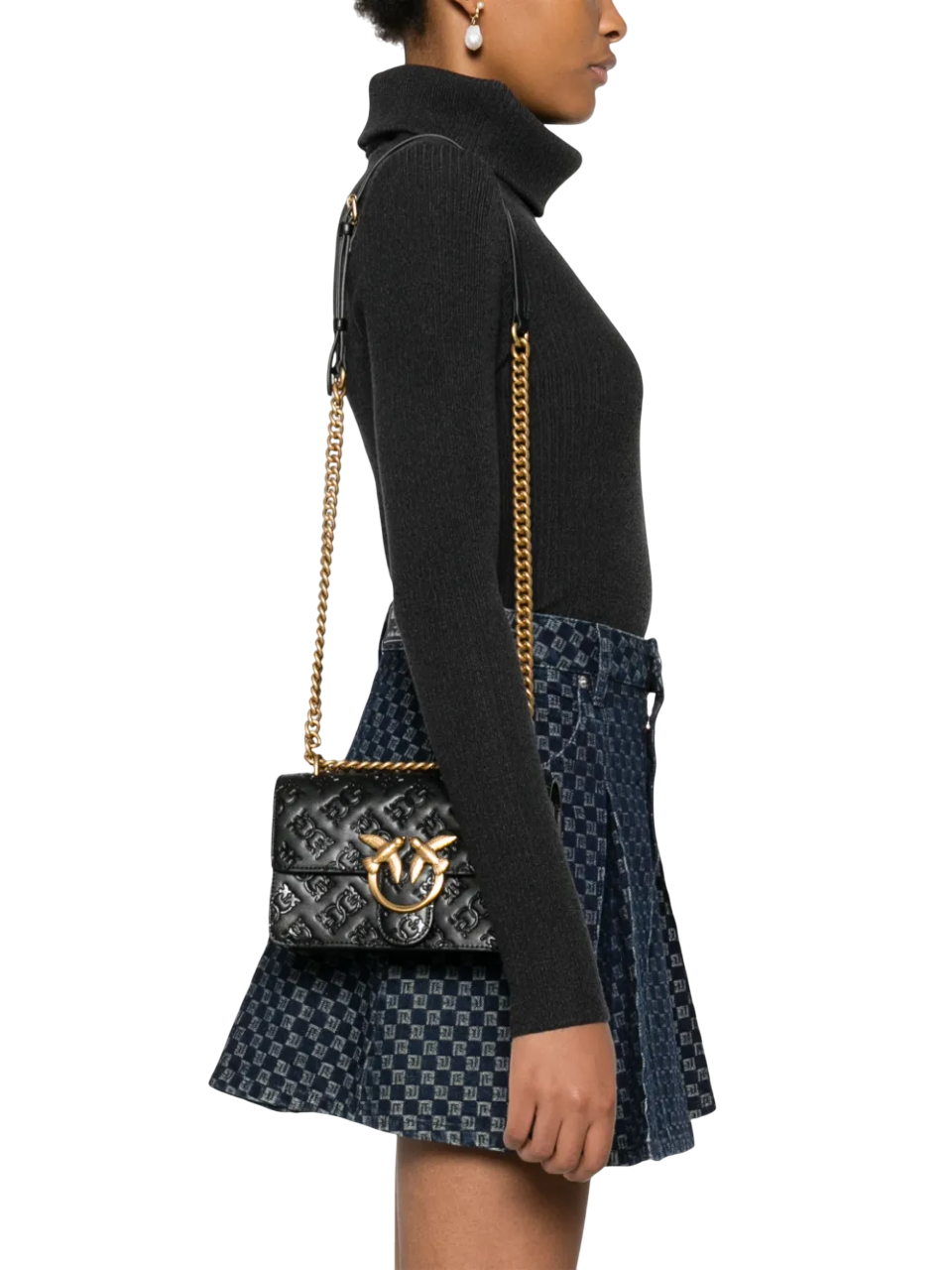 Pinko borsa Love One Mini in pelle con logo imprimè nero oro 100074-A1YB Z99Q PINKO
