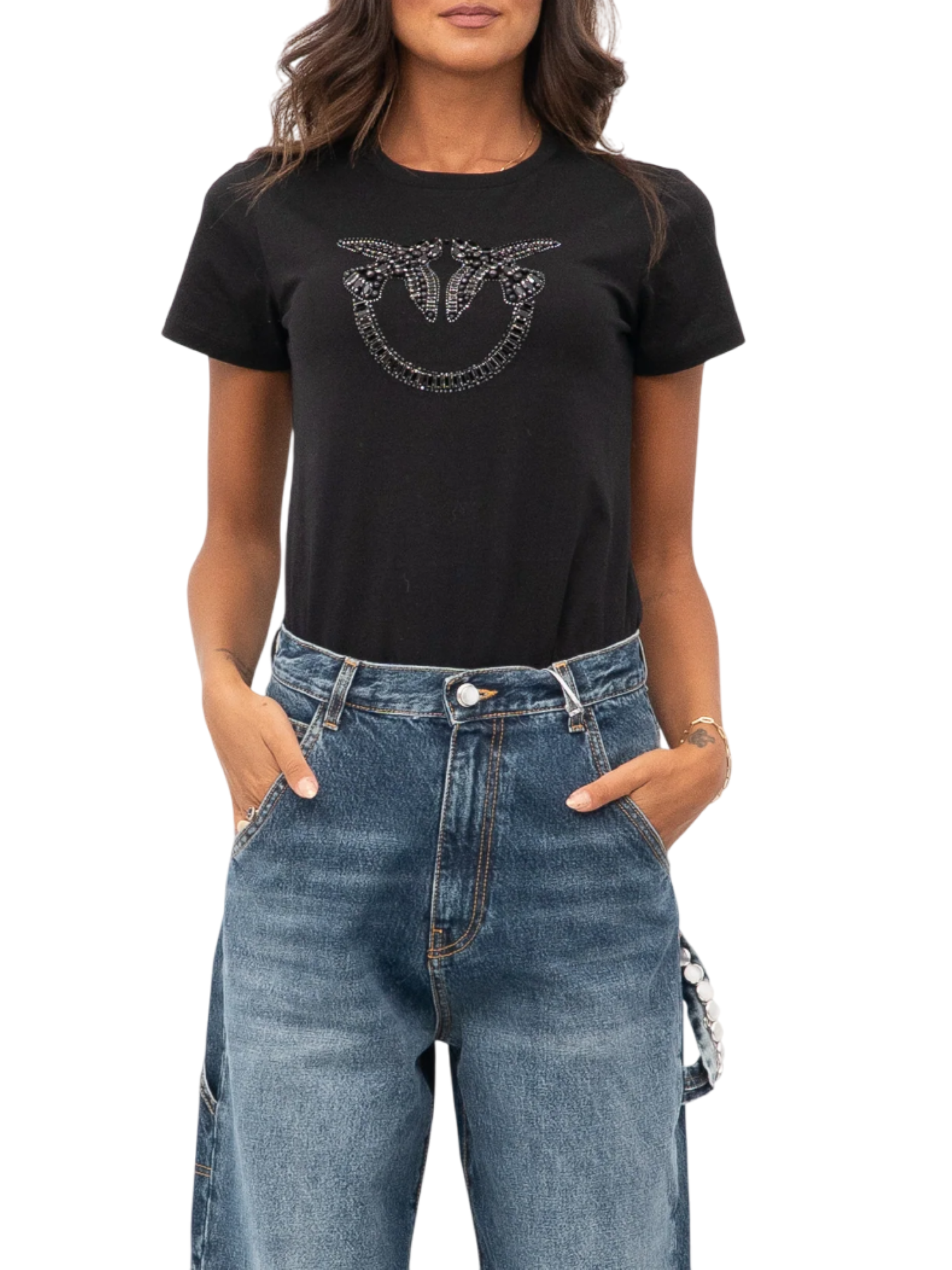 Pinko T-shirt Quentin con logo gioiello nero 100535-A2RN Z99 PINKO