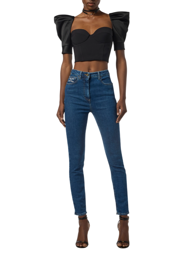 Elisabetta Franchi top in crepe e duchesse con manica palloncino nero TO02656E2 110 ELISABETTA FRANCHI